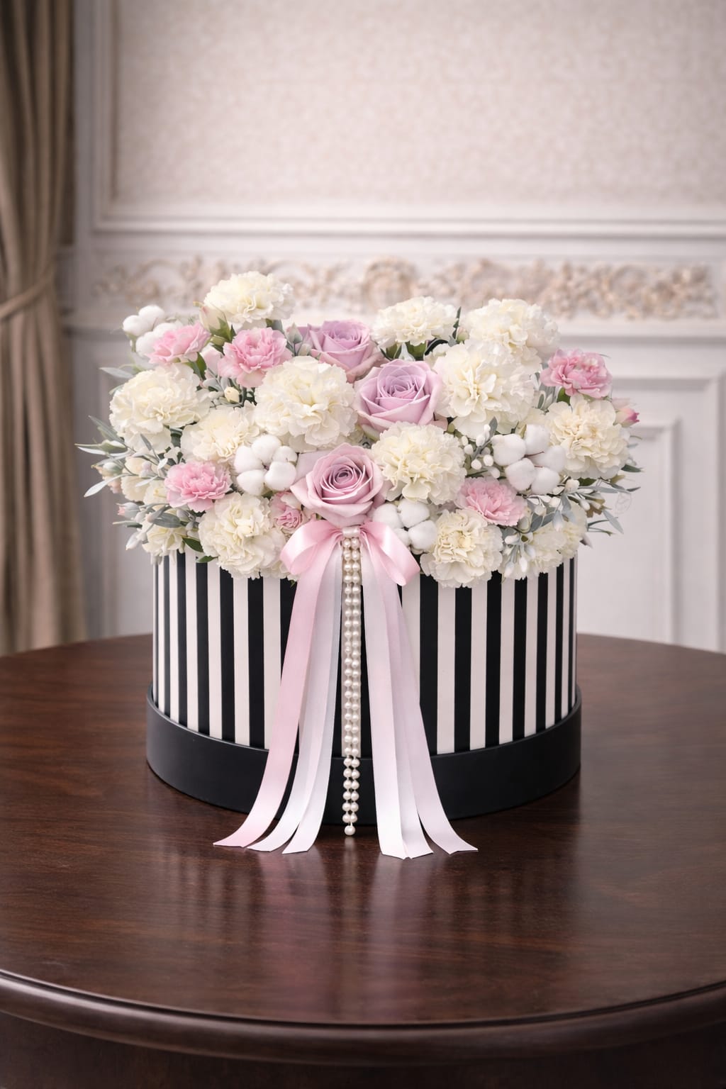 Round hat box of white carnations with pink and lavender roses, trimmed with pink ribbons and pearls