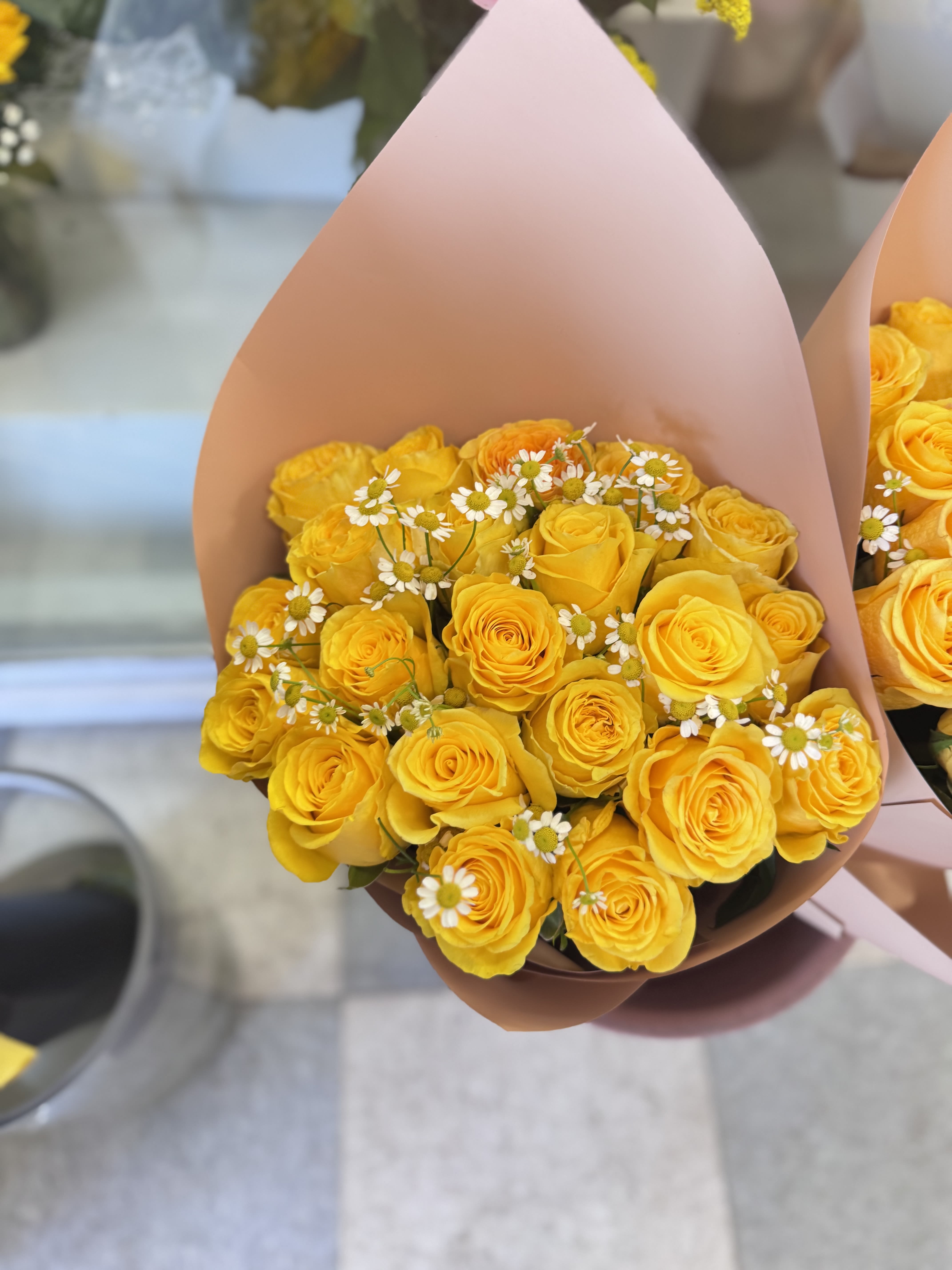 2 Doz Yellow Bouquet  - Beautiful stunning Yellow roses bouquet wrapped in black or brown with some baby breath (small tiny flowers)