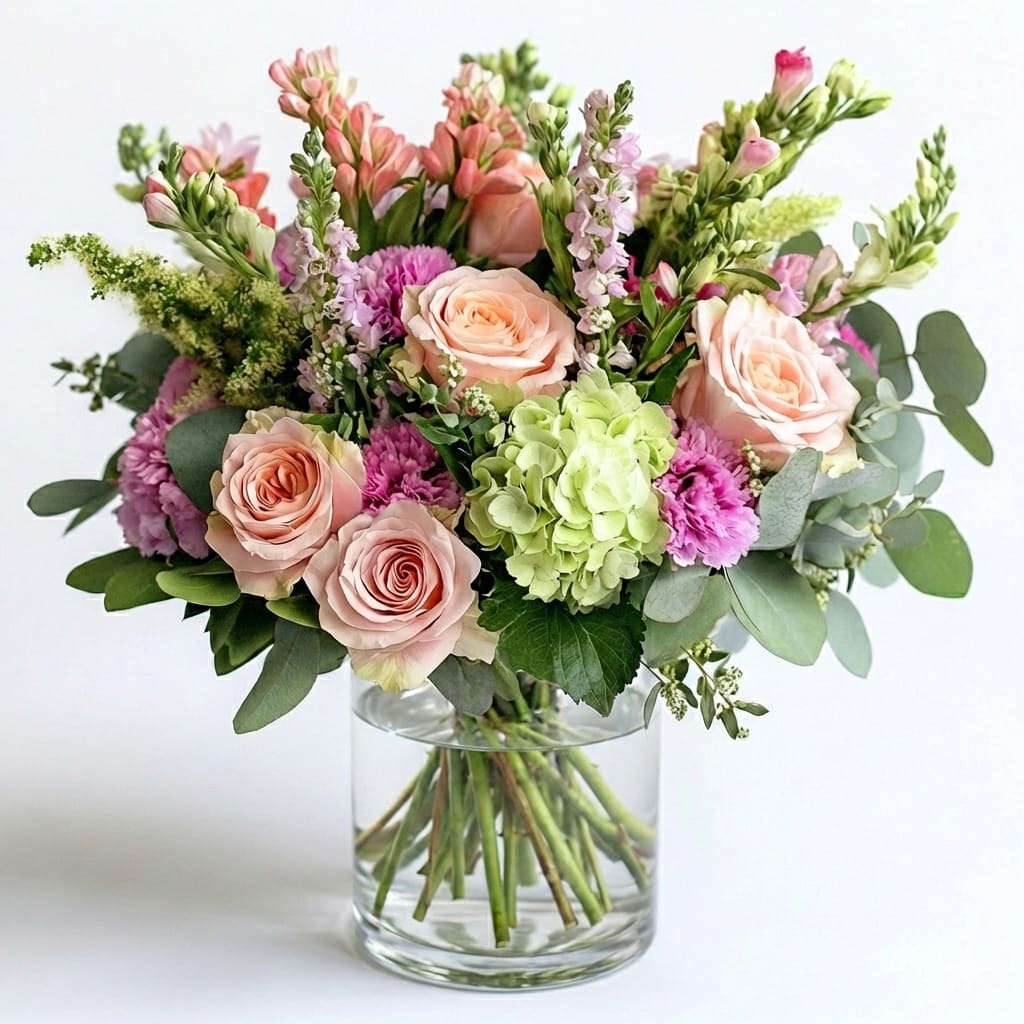Ballet of Blooms - This enchanting floral arrangement blends soft peach hues with delicate greens and lively pinks, evoking a fresh and airy garden feel