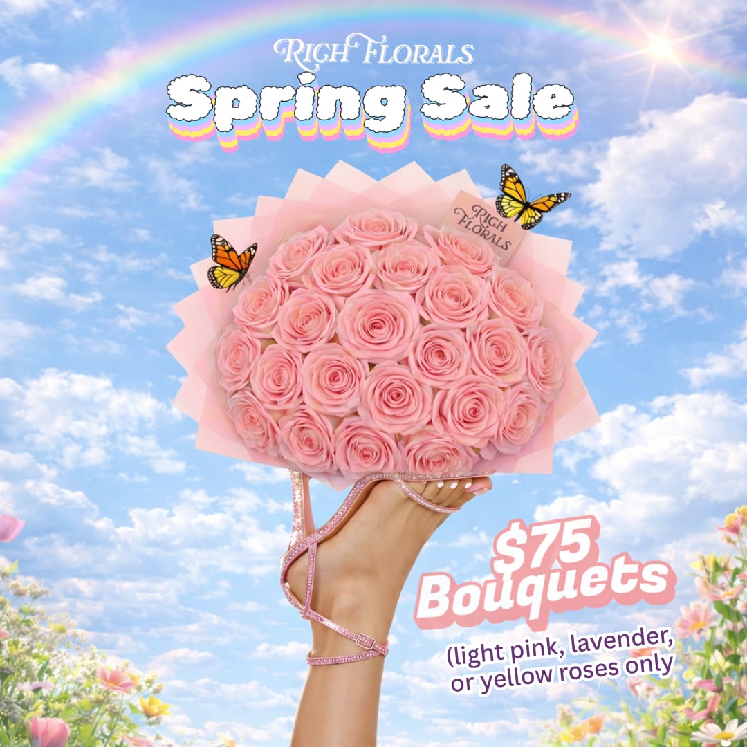 Spring Bouquet Sale - Spring is here and so is the deal.  25-stem bouquets in light pink, lavender, or yellow — only $75 this week only. Order by Friday 3/27, last pickup/delivery Saturday 3/28.