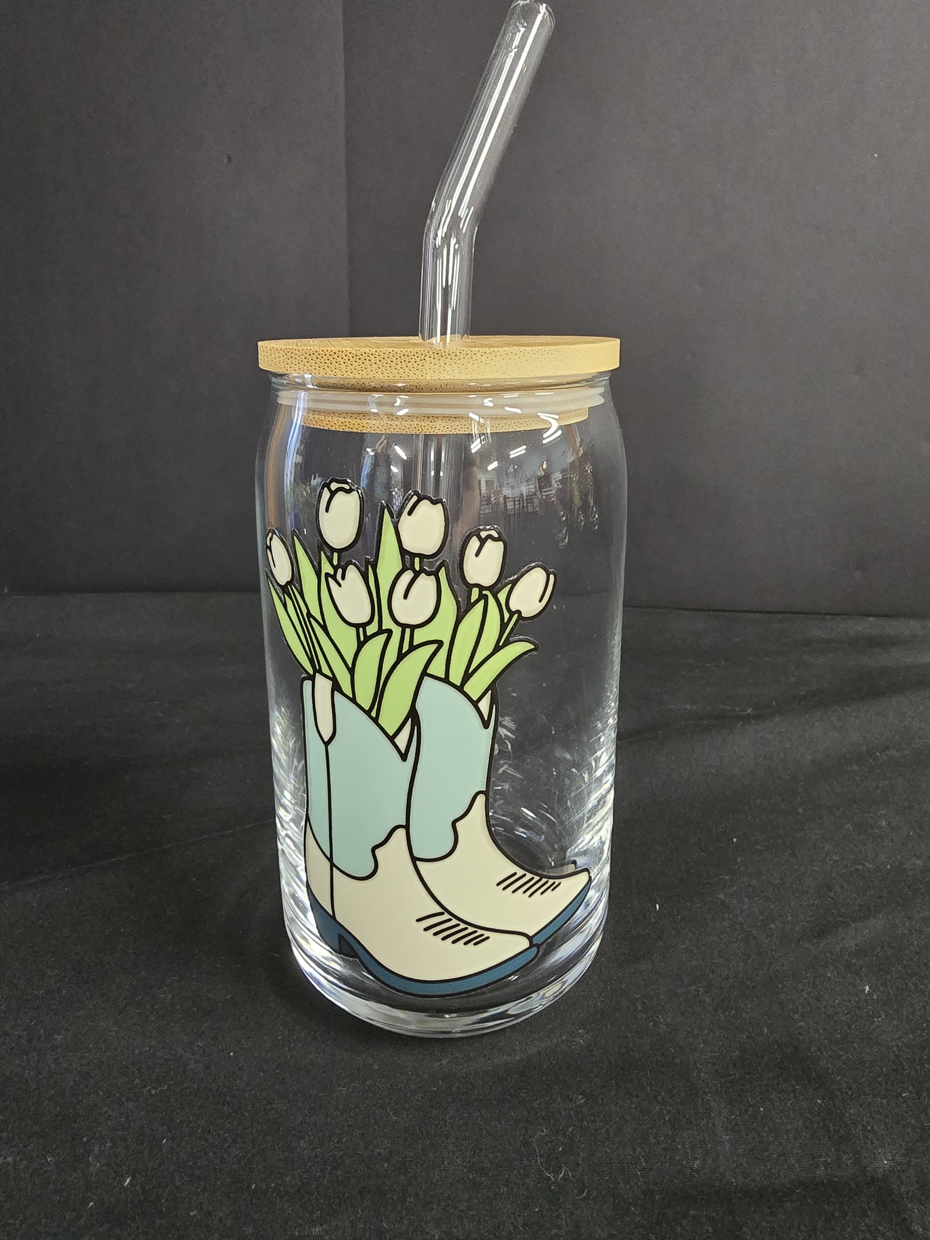 Boots And Tulips - Handmade Glass Cup with Lid and Glass Straw