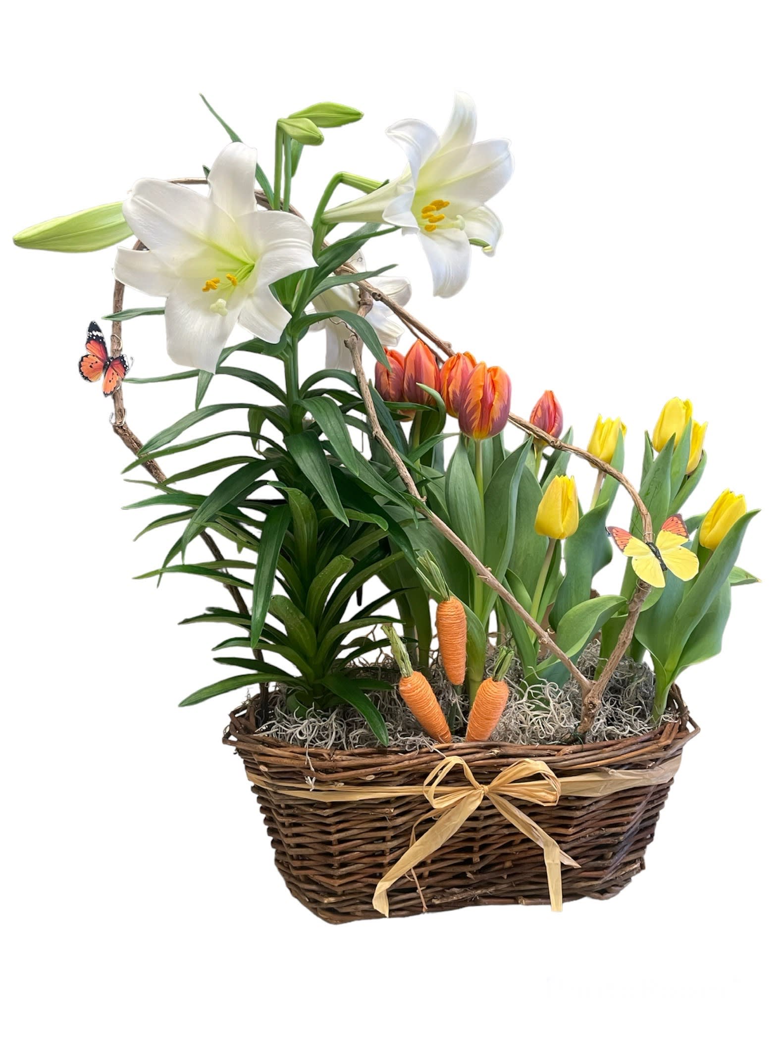 Tulips and Easter Lilly basket - A tulip and Easter Lilly basket accented with elements of spring is a great choice for the spring holidays for your home or as a gift to your dear ones!