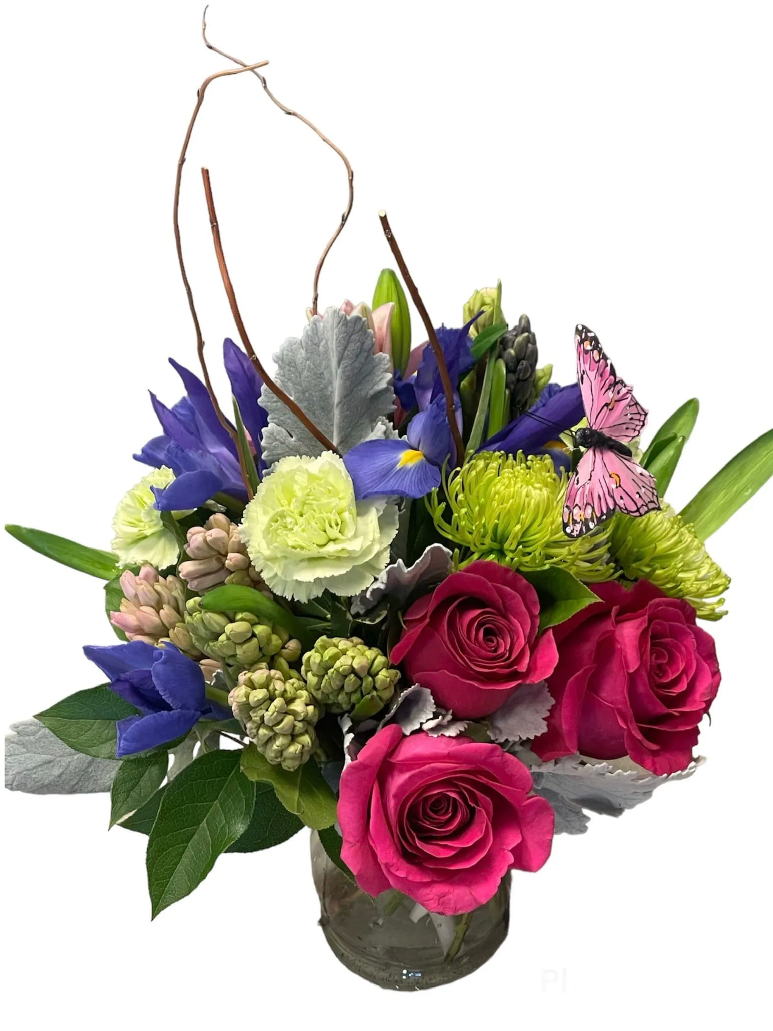 Spring Garden and Butterflies - Mixed spring-scented blooms accented with butterflies in a clear glass vase a perfect centerpiece for holidays or as a birthday cheer up!