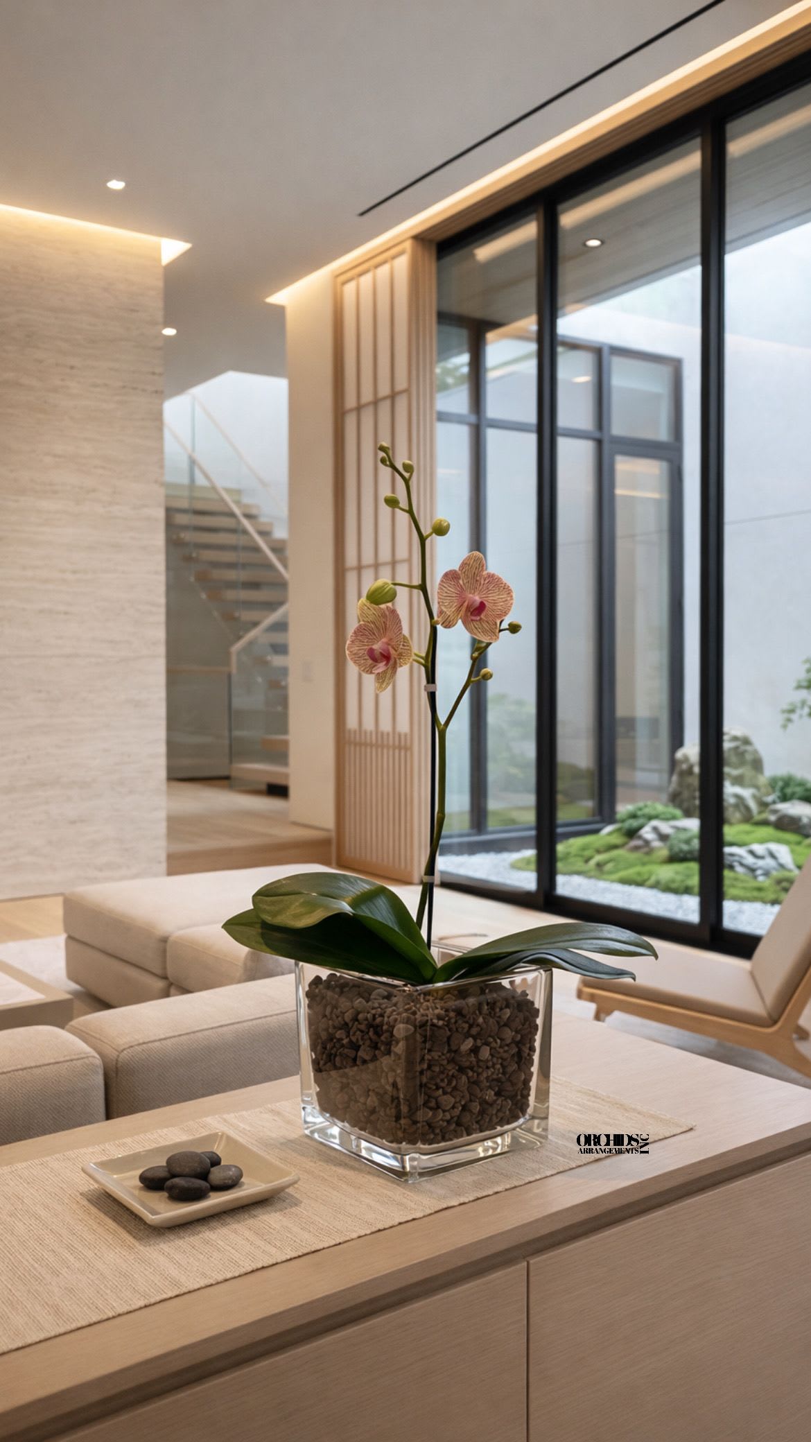 Peach Phalaenopsis Orchid – Luxury Glass Vase - Same Day Delivery Single Phalaenopsis Cascade Peach Orchids Arrangement with a vase 6" D X 6" T. 