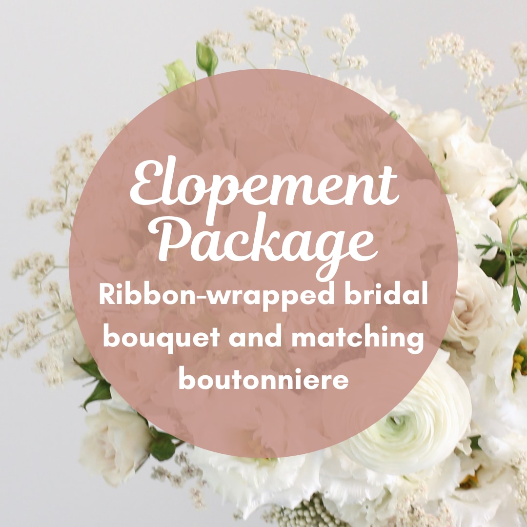 Elopement Package - Ribbon-wrapped bouquet and matching boutonniere in your choice of colors. Please specify the flower colors you are requesting and the ribbon color you'd like.    For specific flower requests, call us or choose the deluxe or premium size package.