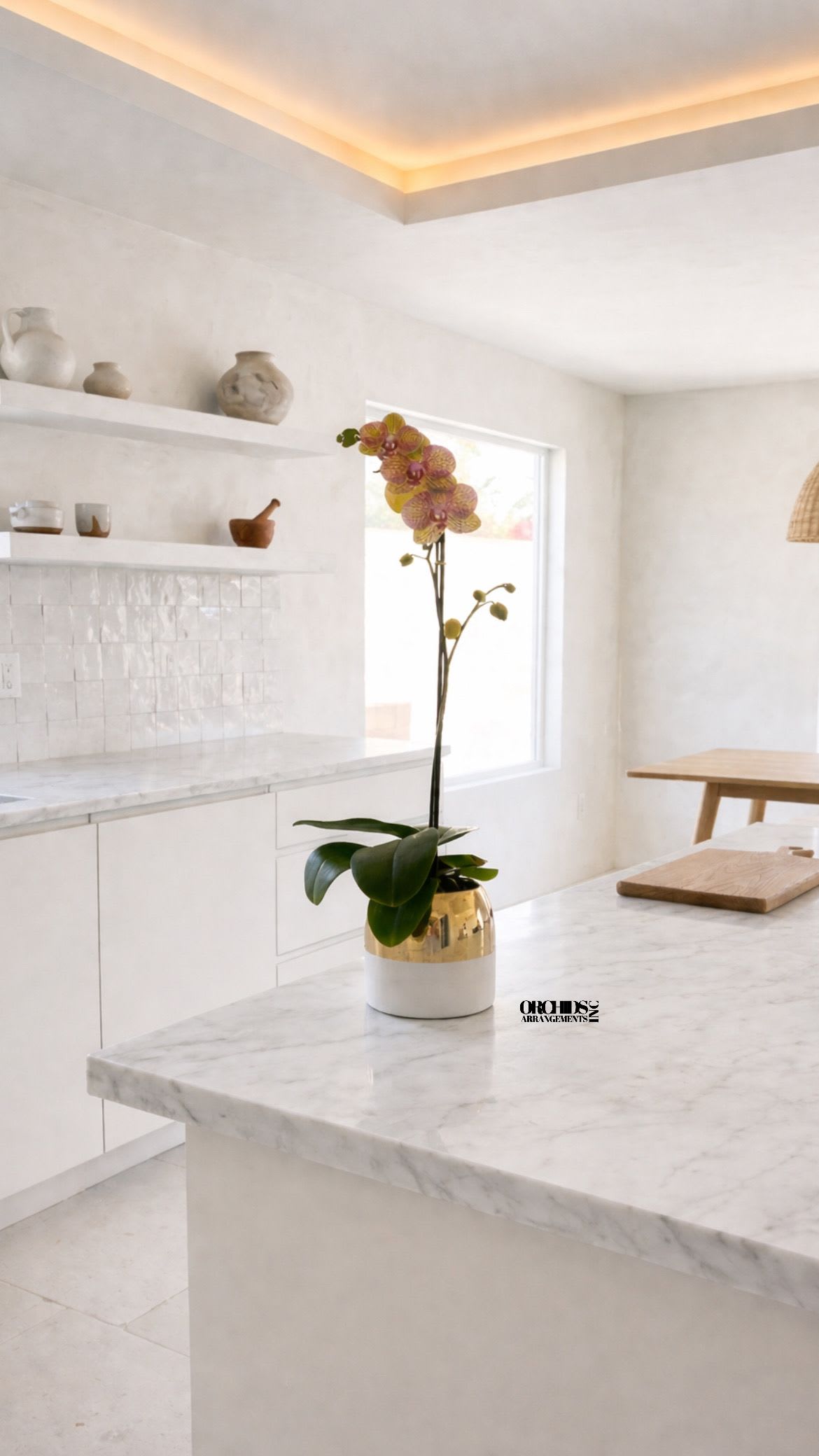 Peach Phalaenopsis Orchid Arrangement – Contemporary Design - This elegant Single Peach Phalaenopsis Cascade orchid arrangement creates a striking vertical presence, making it ideal for grand interiors and modern living spaces with a vase 5.75" D X 5" T.  