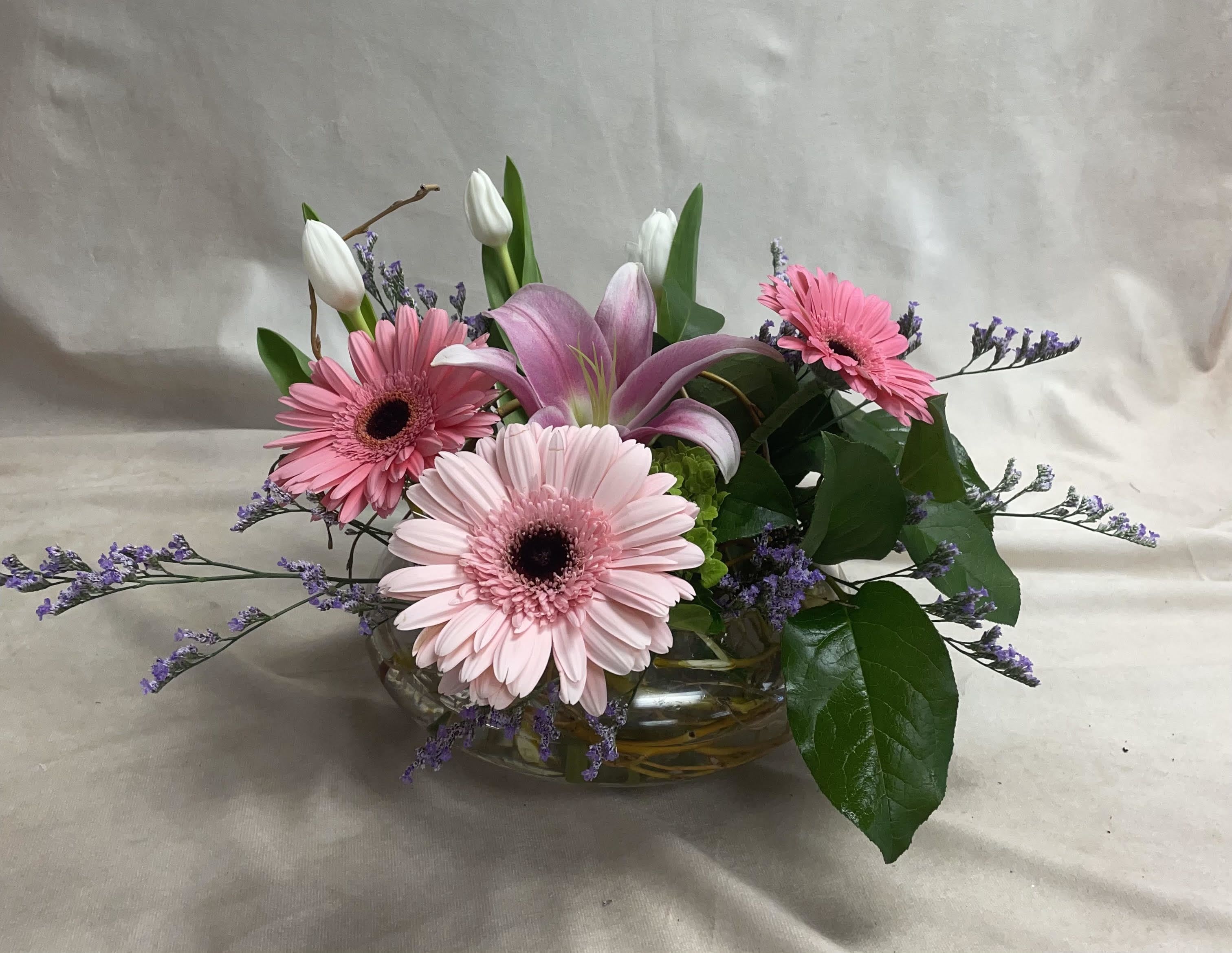 Pink Perfection - Tulips, Pink lily, Gerber Daisies, Green Hydrangea, Curly Willow arrangement. PICK-UP ONLY
