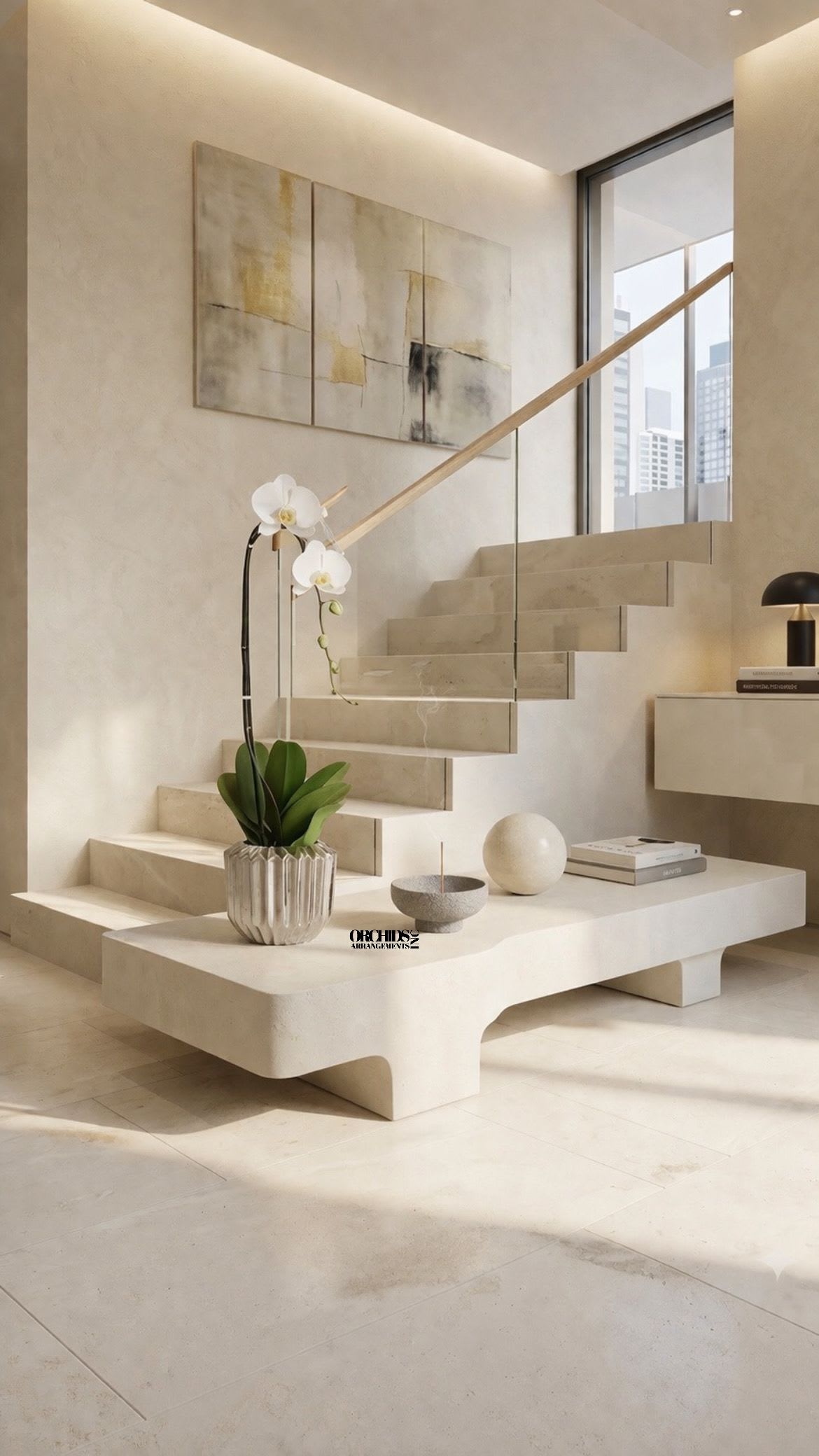 White Phalaenopsis Orchid – Designer Collection - This elegant Single White Phalaenopsis Cascade orchid arrangement creates a striking vertical presence, making it ideal for grand interiors and modern living spaces with a vase 7" D X 7" T.