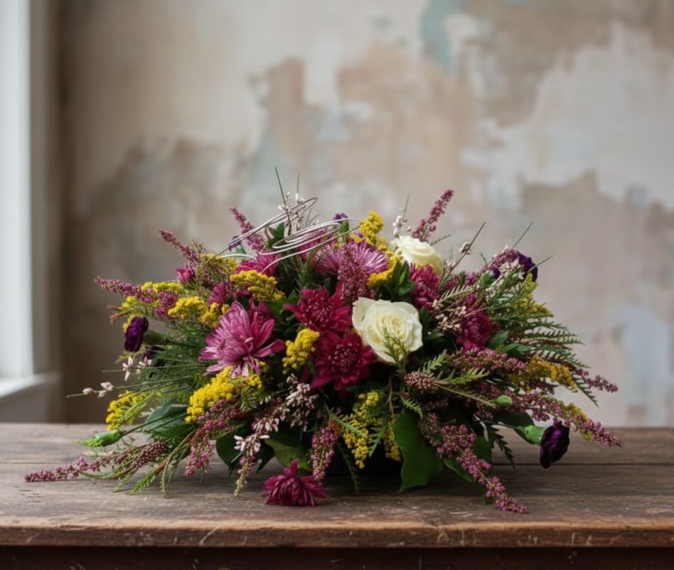 Funky wire Flower Bouquet - Funky Birthday Flowers – Birthday Bouquet in Lacey, WA  Looking for birthday flowers in Lacey, WA that go beyond the ordinary? Our Funky Floral Arrangement is a vibrant, one-of-a-kind bouquet designed to delight and inspire. Perfect for birthdays or any special celebration, this artistic design is ideal for anyone who loves creative, standout floral gifts.  This handcrafted birthday bouquet features purple disbuds, purple mini carnations, sunny yellow solidago, elegant white roses, and delicate pink heather. Artistic wire weaving threads through the blooms, adding sculptural movement and a unique flair. Each arrangement is individually designed to make a memorable impression.  Specialty Floral Design, your local florist in Lacey, WA, carefully selects fresh, high-quality flowers for every bouquet. Our arrangements are visually captivating from every angle and easy to care for—just add water daily for lasting beauty.  We proudly offer same-day flower delivery in Lacey, Olympia, Tumwater, and surrounding areas, making it easy to send a fun and unforgettable birthday gift.