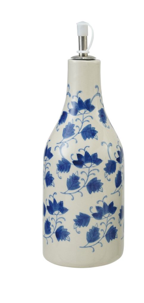 Ceramic bottle with blue vine pattern and metal pour spout with white cap