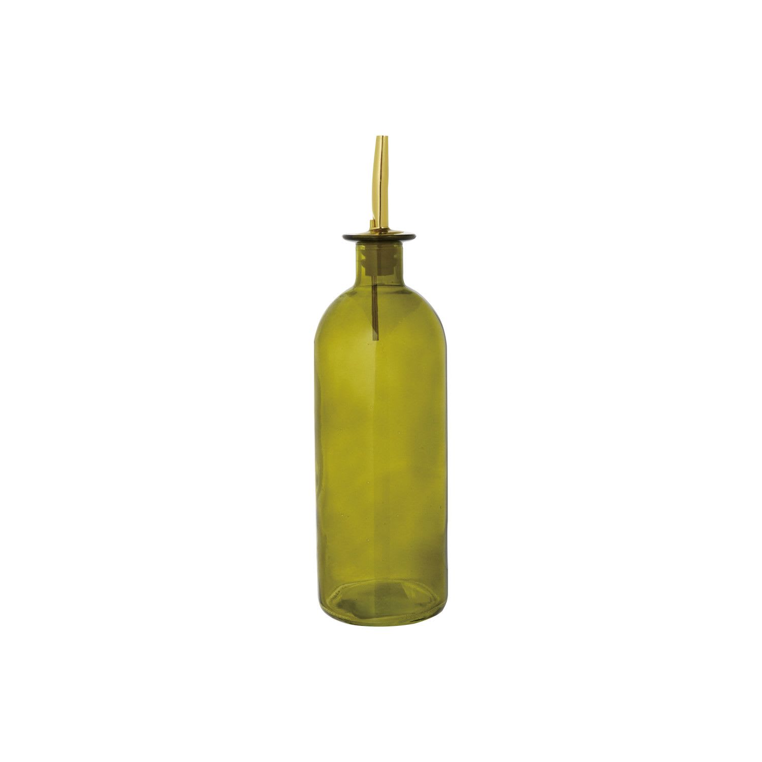 16 oz. Glass Oil Cruet with Metal Stopper, Olive Color &amp; Gold Finish - 2-3/4" Round x 10"H 16 oz. Glass Oil Cruet w/ Metal Stopper, Olive Color &amp; Gold Finish