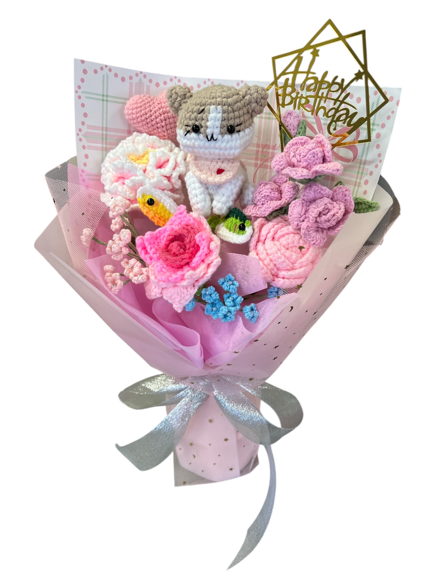 Crochet kitten bouquet - Hand-knitted flowers shaped like adorable kitten, showcasing intricate crochet artistry. Choose from a variety of vibrant colors. We could change the “ Happy birthday bouquet” to any others signs