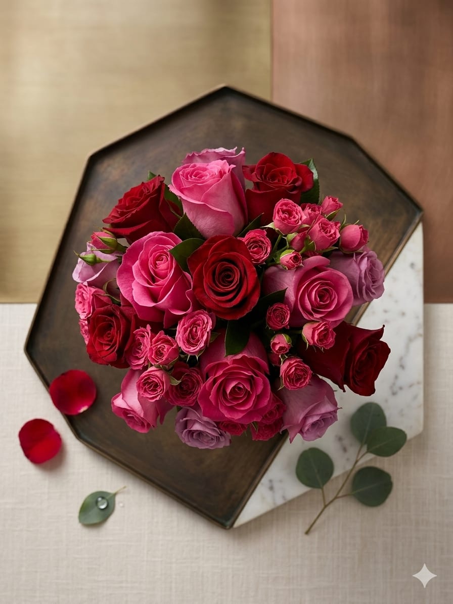 Blushing Rose - A lush arrangement of roses in varying shades of pink and deep red, with a mix of full blooms and smaller spray roses. The petals are velvety and tightly layered, creating a rich, romantic, and textured look.