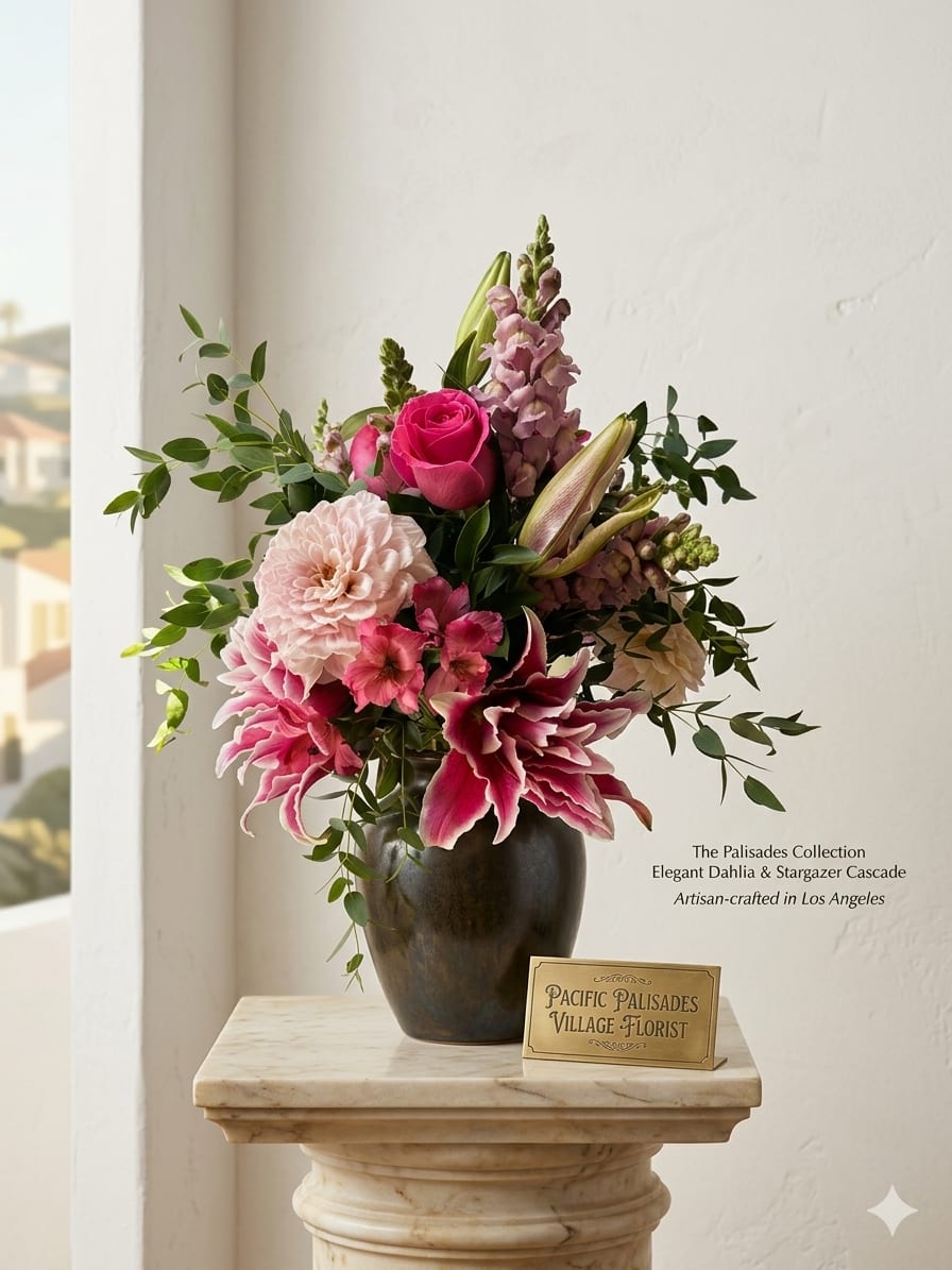 Dahlia Dream - A vibrant arrangement featuring pink roses, soft dahlias, and striking stargazer lilies with bold, layered petals. Accents of snapdragons and airy greenery add height and movement, creating a lush and dynamic composition.