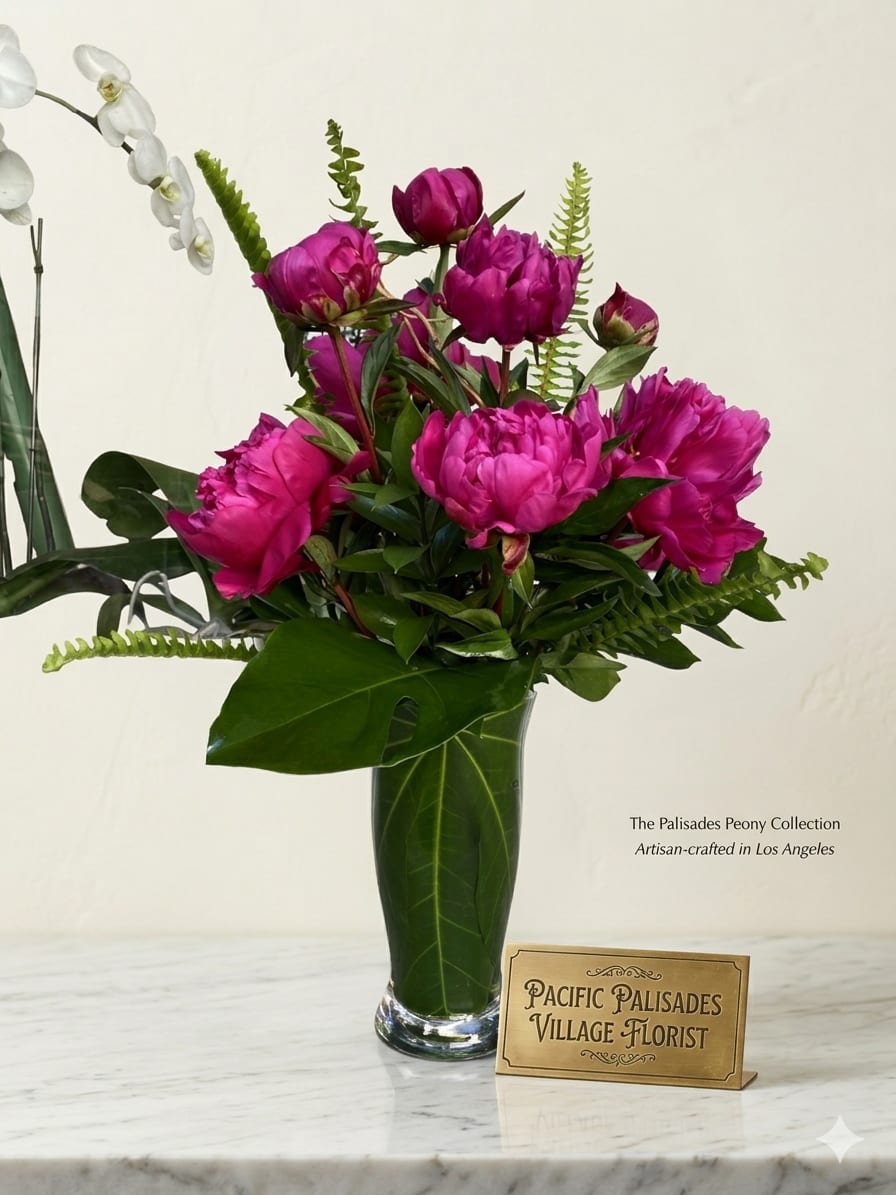 Palisades Peony - A bold arrangement of rich magenta peonies in full bloom, with layered petals creating a lush, voluminous look. Accents of tropical greenery and delicate orchid stems add contrast and an elegant, modern touch.