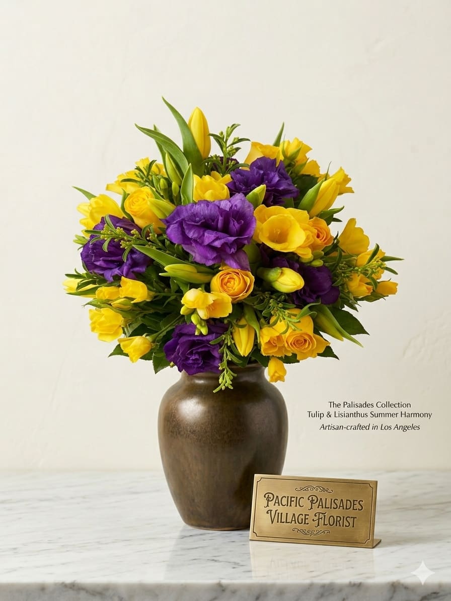 Summer Harmony - A vibrant mix of yellow tulips and roses paired with rich purple lisianthus creates a bold, high-contrast palette. The blooms are tightly clustered with fresh greenery, giving the arrangement a lively and cheerful feel.