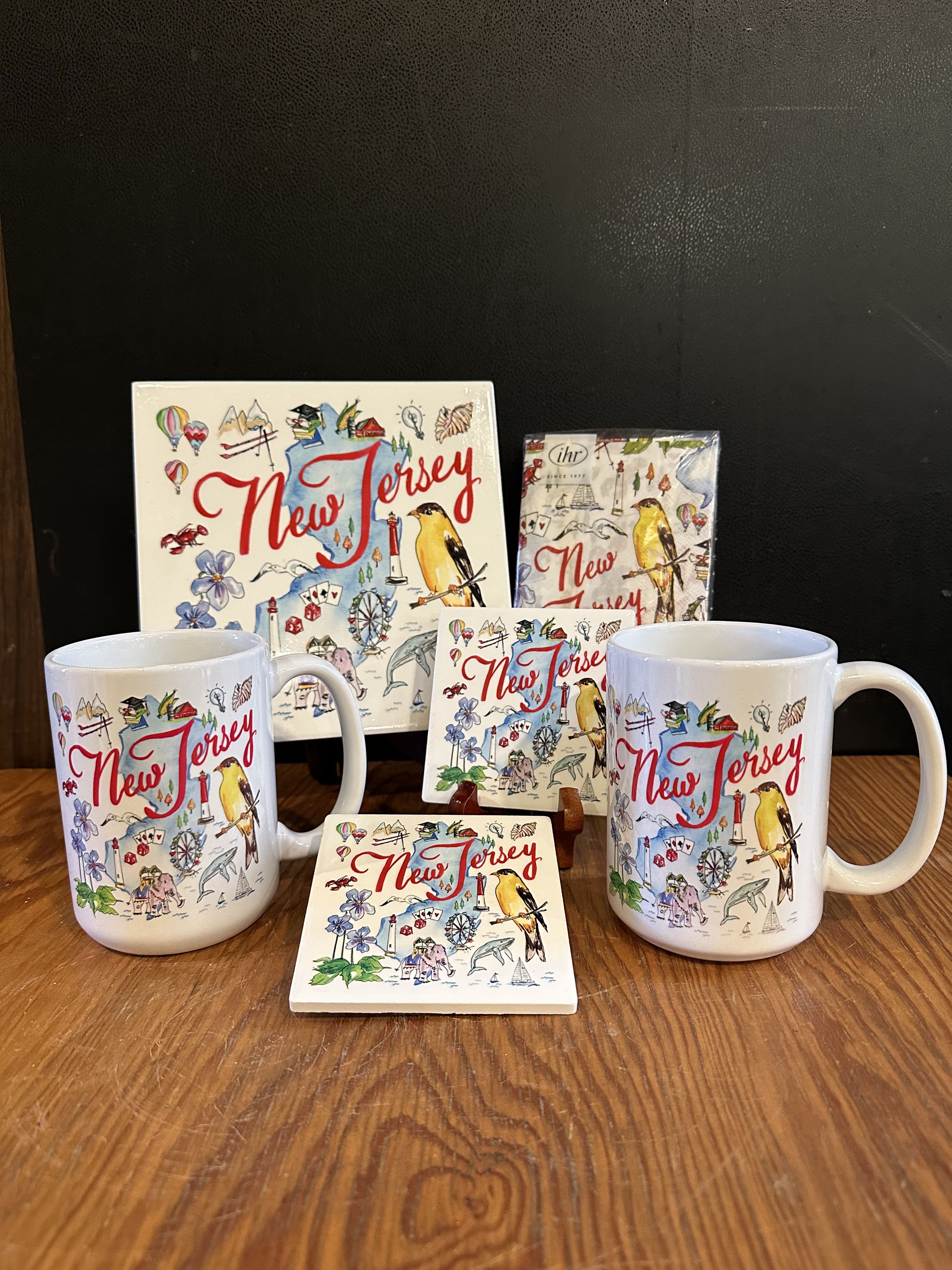 NJ Lovers Gift set - Includes 2 ceramic NJ mugs (15 oz), 2 NJ coasters, NJ trivet and NJ guest towel - ready gift set