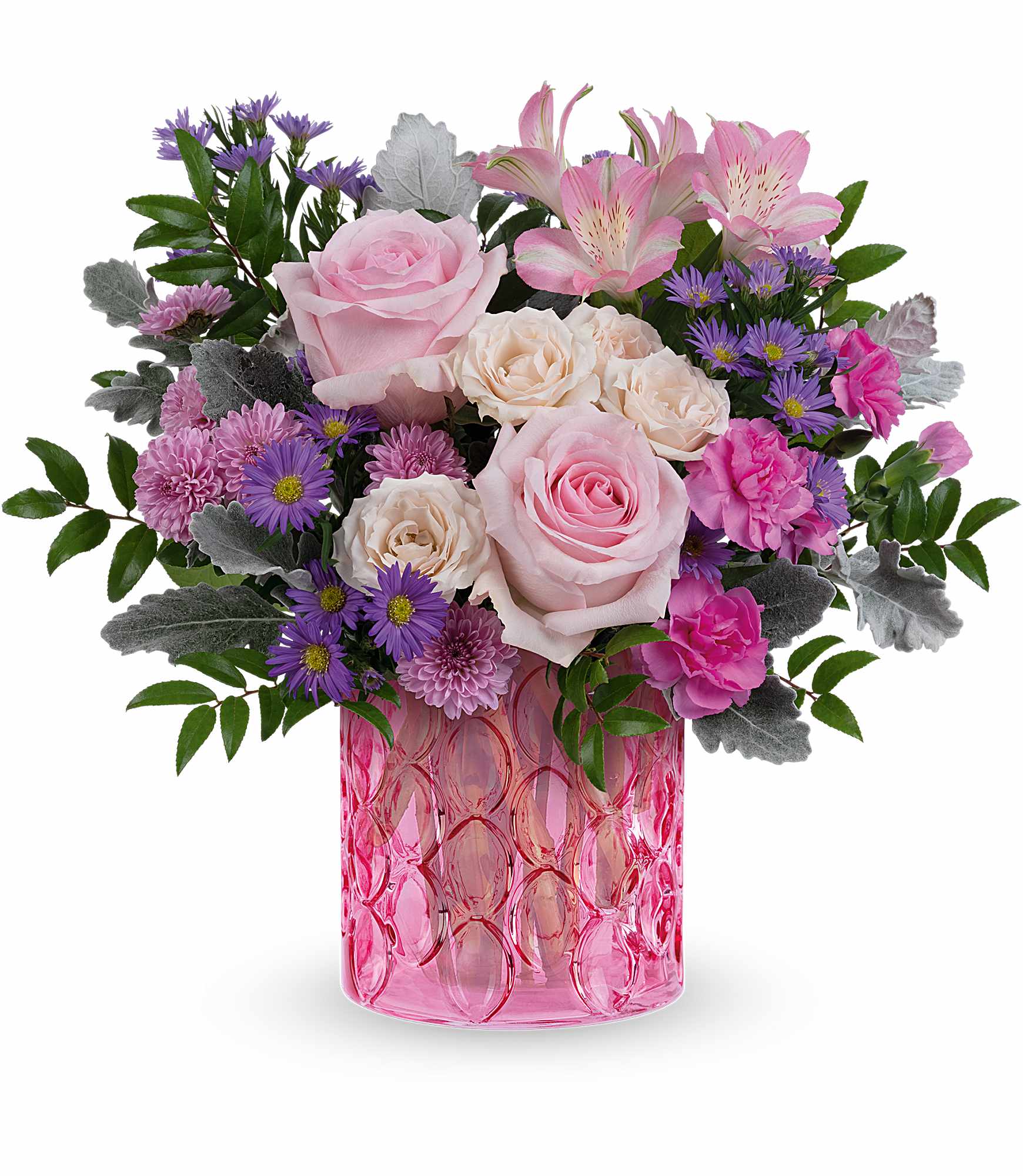 Teleflora's Haute Pink Bouquet - Celebrate them with Teleflora's Haute Pink Bouquet, a graceful mix of pink and lavender blooms beautifully arranged in Teleflora's Pink Rhapsody Vase. This thoughtful surprise adds soft color and cheerful charm to her home. Teleflora's Pink Haze Bouquet is a beautiful floral arrangement featuring pink roses, crème spray roses, pink alstroemeria, miniature hot pink carnations, lavender button spray chrysanthemums, and large purple monte cassino asters, accented with dusty miller and huckleberry, delivered in Teleflora's Pink Rhapsody Vase. Approximately 14 3/4" W x 13 1/4" H