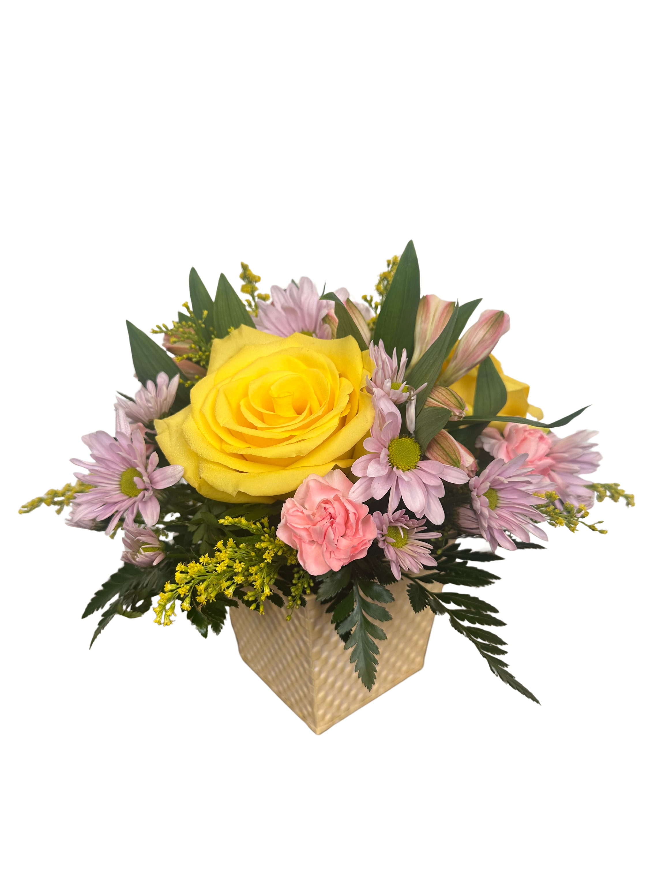 Sunshine for Mom - This darling arrangement comes in a variety of pastel colored tins with yellow roses, lavender daisies, pink alstroemeria, pink pixie carnations and solidago. 