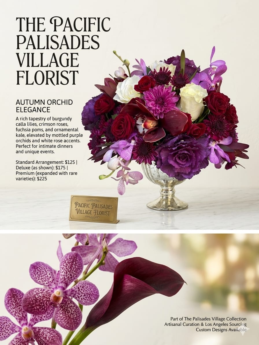Autumn Orchid Elegance - A rich tapestry of burgundy calla lilies, crimson roses, fuchsia poms, and ornamental kale, elevated by mottled purple orchids and white rose accents. Perfect for intimate dinners and unique events.