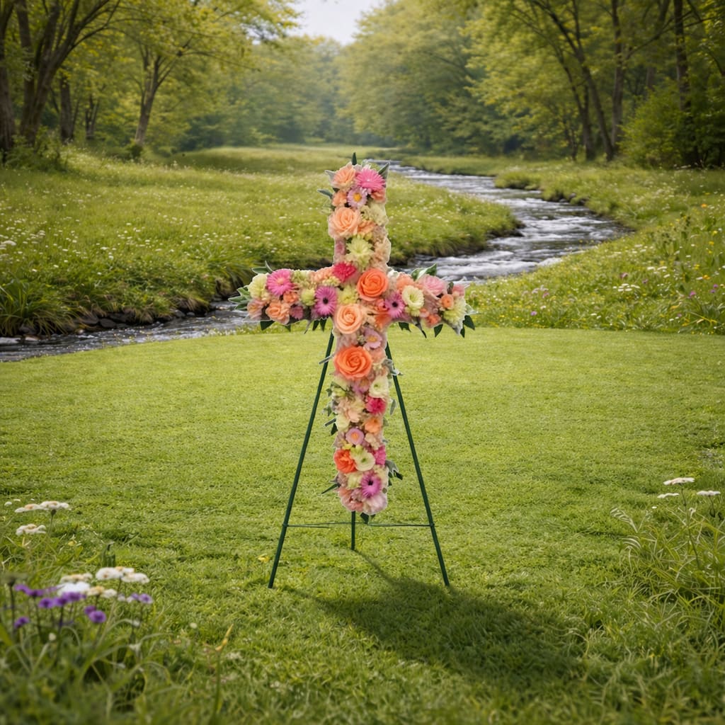 K642  Faithful Journey 36" Cross  - Faithful Journey 36" Cross This beautiful pastel cross brings a natural and warm look to any funeral service. A departure from the traditional pure white cross, its soft, multi-colored flowers create a lovely and serene addition to the occasion. This kind and thoughtful remembrance serves as a gentle tribute to honor your loved one, adding a touch of warmth and beauty to the service.  