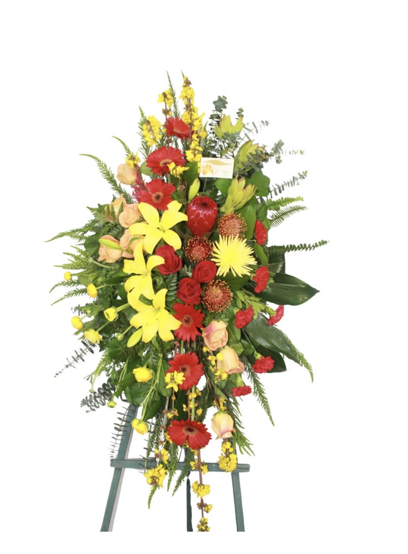 Modern Spray - Spray based on red and yellow flowers. It has a very modern look with greens giving it a perfect touch.