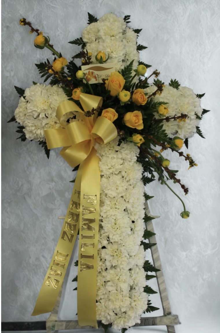 Mellow Yellow - Blissful cross in whites and yellows with a satin ribbon accented to complete this cross.       DOES NOT INCLUDE RIBBON