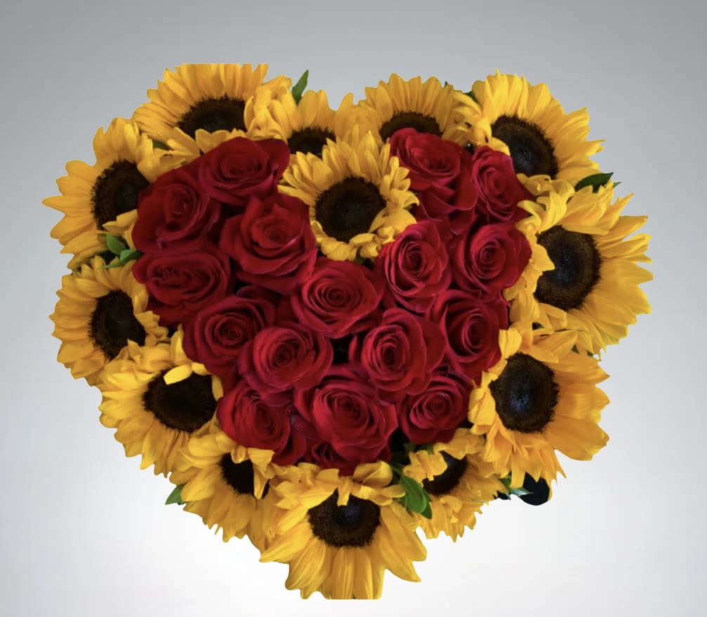 Sunflower Love Box by D'Lily's Flowers  - Beautiful heart shaped box with combinations of sunflowers and roses.