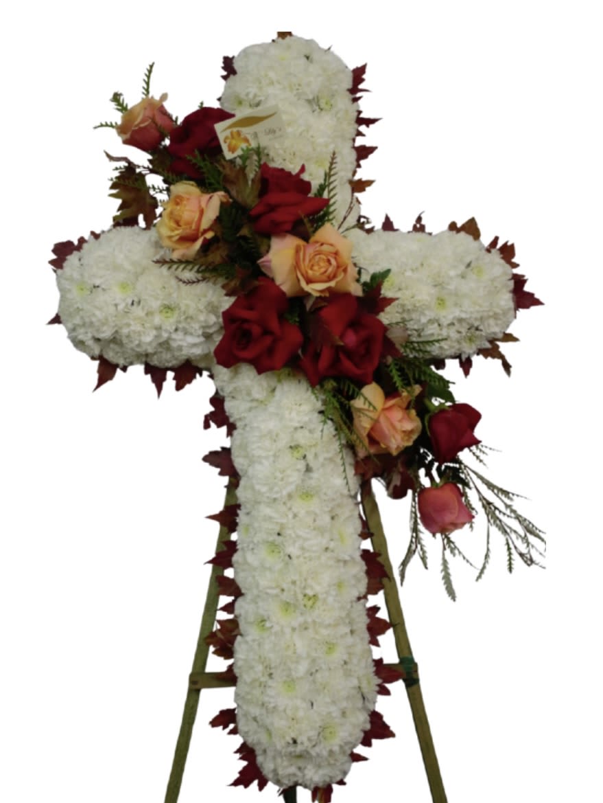 Faith, Hope, and Love - Graceful cross in white with warm tones to compliment this cozy look.