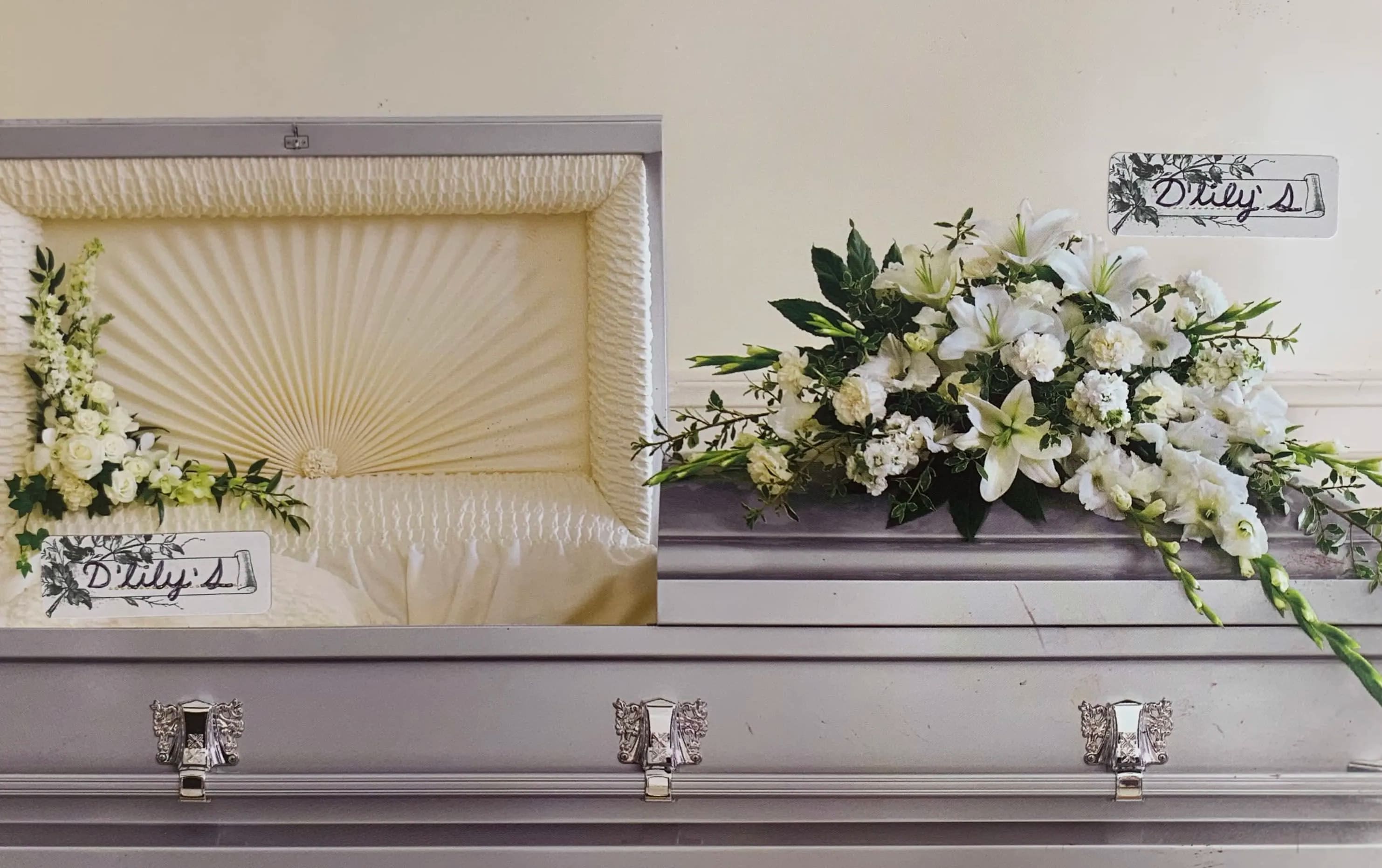 White Lily  - This set comes with a beautiful side piece for the inside and a beautiful white complementary casket. 