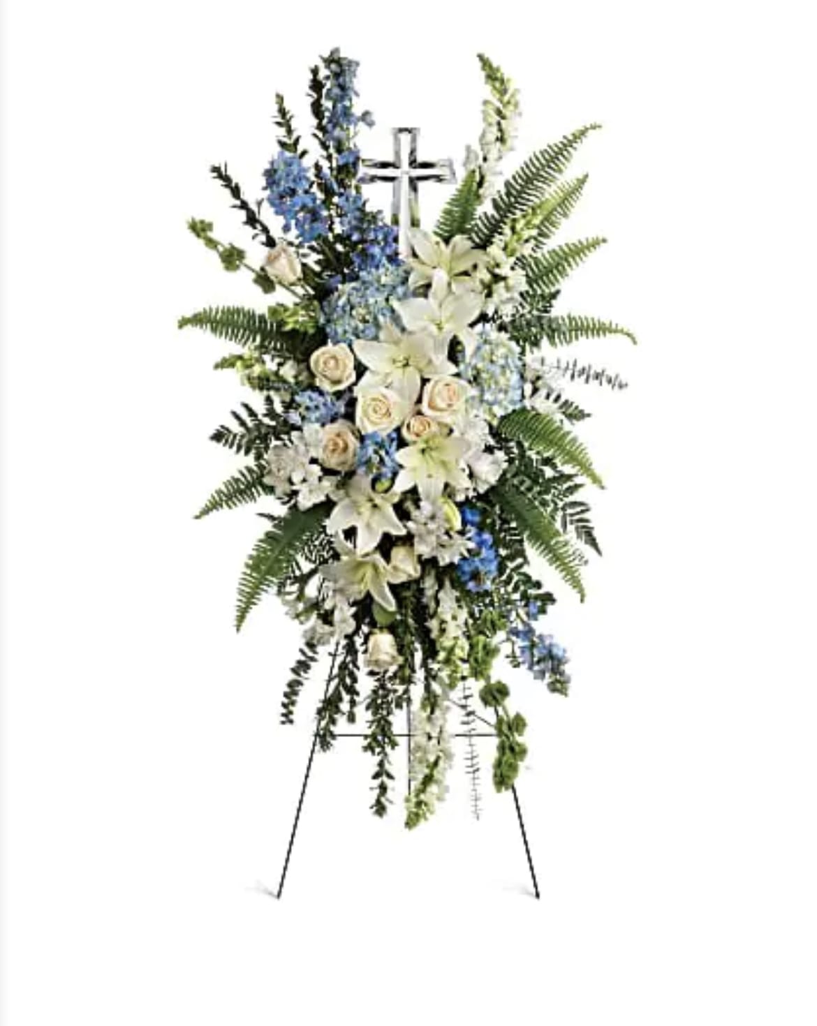Eternal Grace Spray - A stunning mix of blue and white flowers to remember a loved one. Does not include the cross