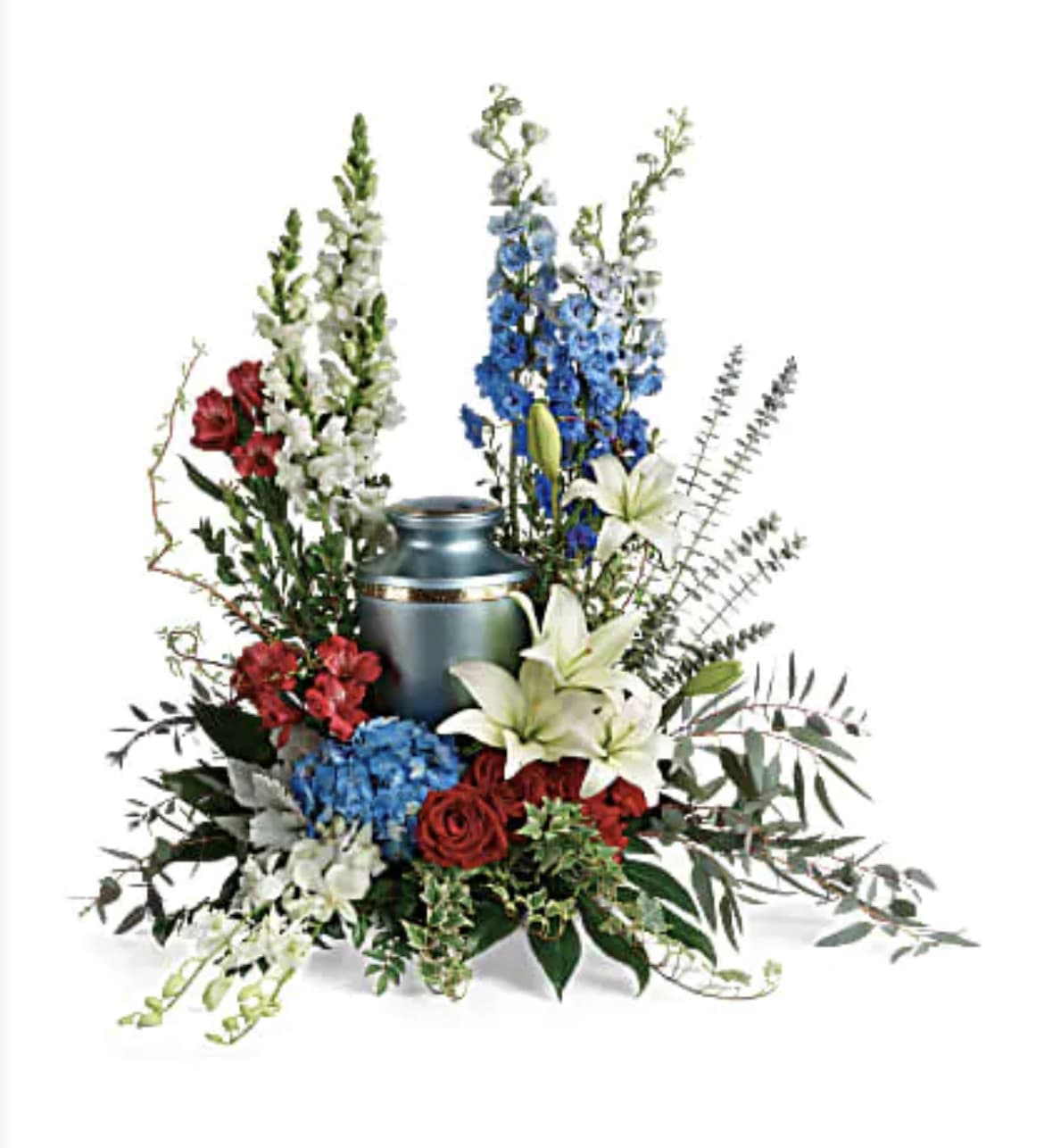 Reflections of Honor  - This vehemently designed red, white, and blue bouquet honorably showcases the cremation urn and exudes pride and patriotism.