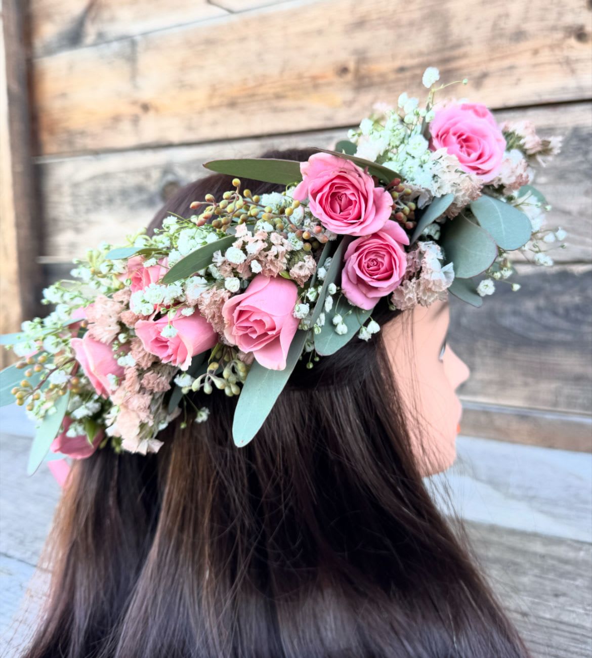Blush Bloom crown  - A  floral crown featuring soft pink roses, baby's breath, and eucalyptus, perfect for weddings, photoshoots, or special occasions.