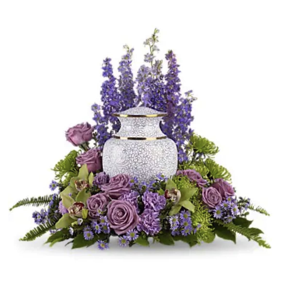 Meadows of Memories  - The urn will be surrounded by soft lavender and green flowers to evoke a tranquil, reflective meadow.