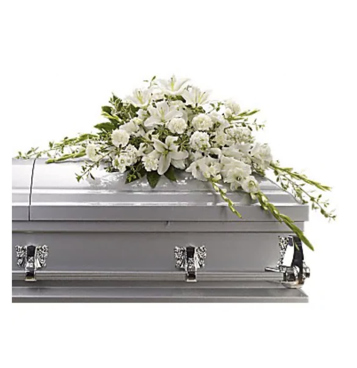 Bountiful Memories Casket - A wonderfully gorgeous method to memorialize the deceased while offering a quiet strength and peace to those present is with a casket consisting of only white flowers and basic greenery.