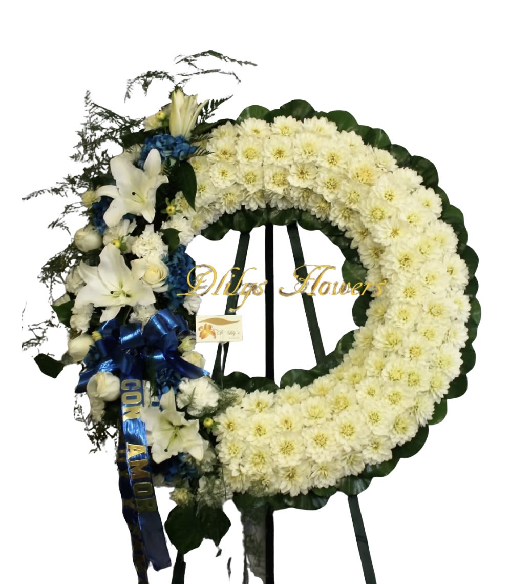 Blue Hue - This standing wreath is full in white flowers with blue and green touches.                                 DOES NOT INCLUDE RIBBON