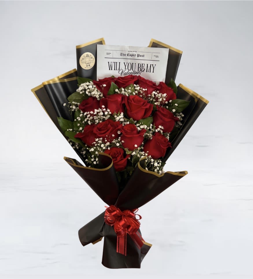 “Will you be my Valentine?” Rose bouquet  - A timeless bouquet of lush red roses, delicately accented with baby’s breath and wrapped in sleek black paper—perfect for saying “I love you.”
