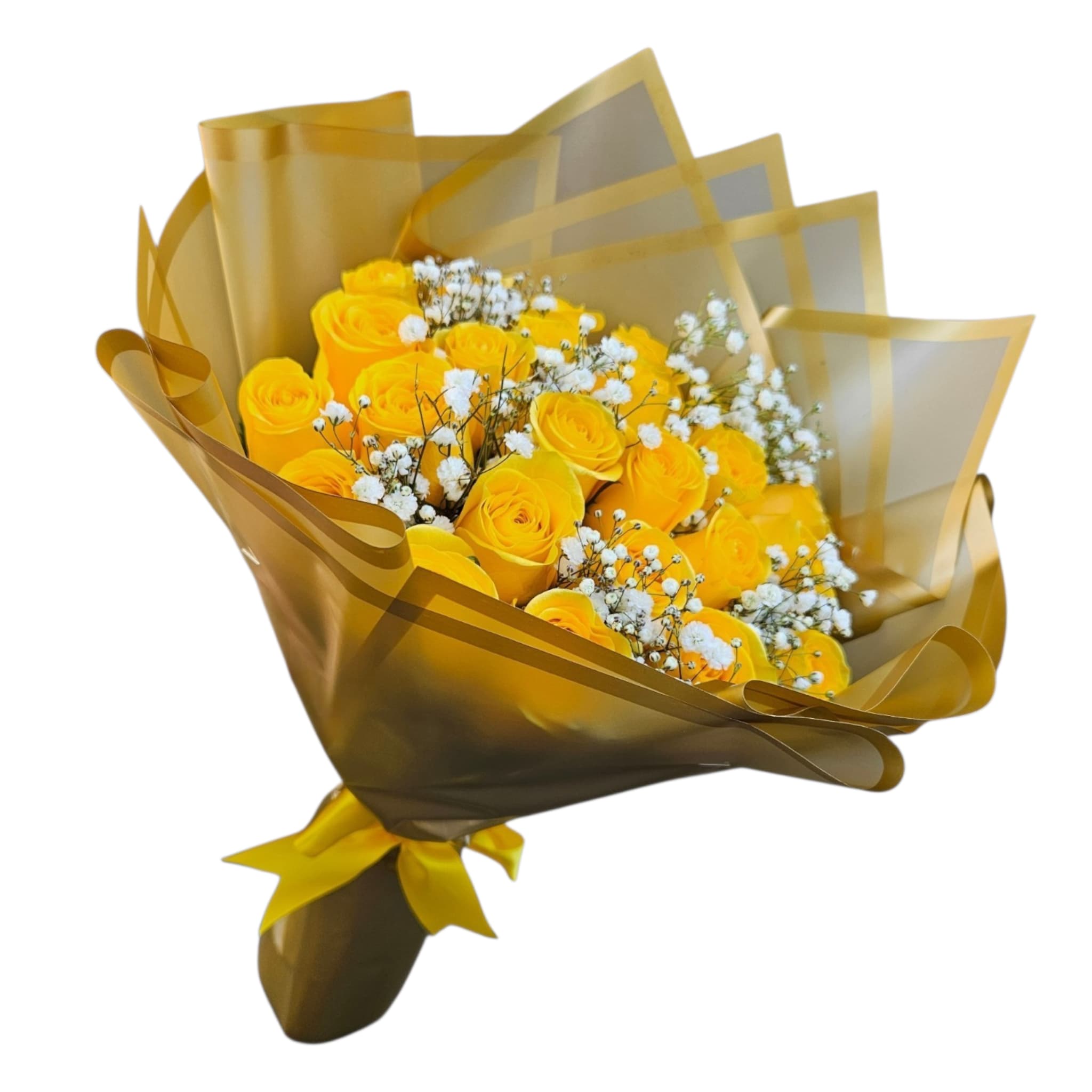 Amarillo - Beautiful and unexpectedly bouquet for her yellow day flowers ! .  24  Yellow roses with baby breath in between roses. 