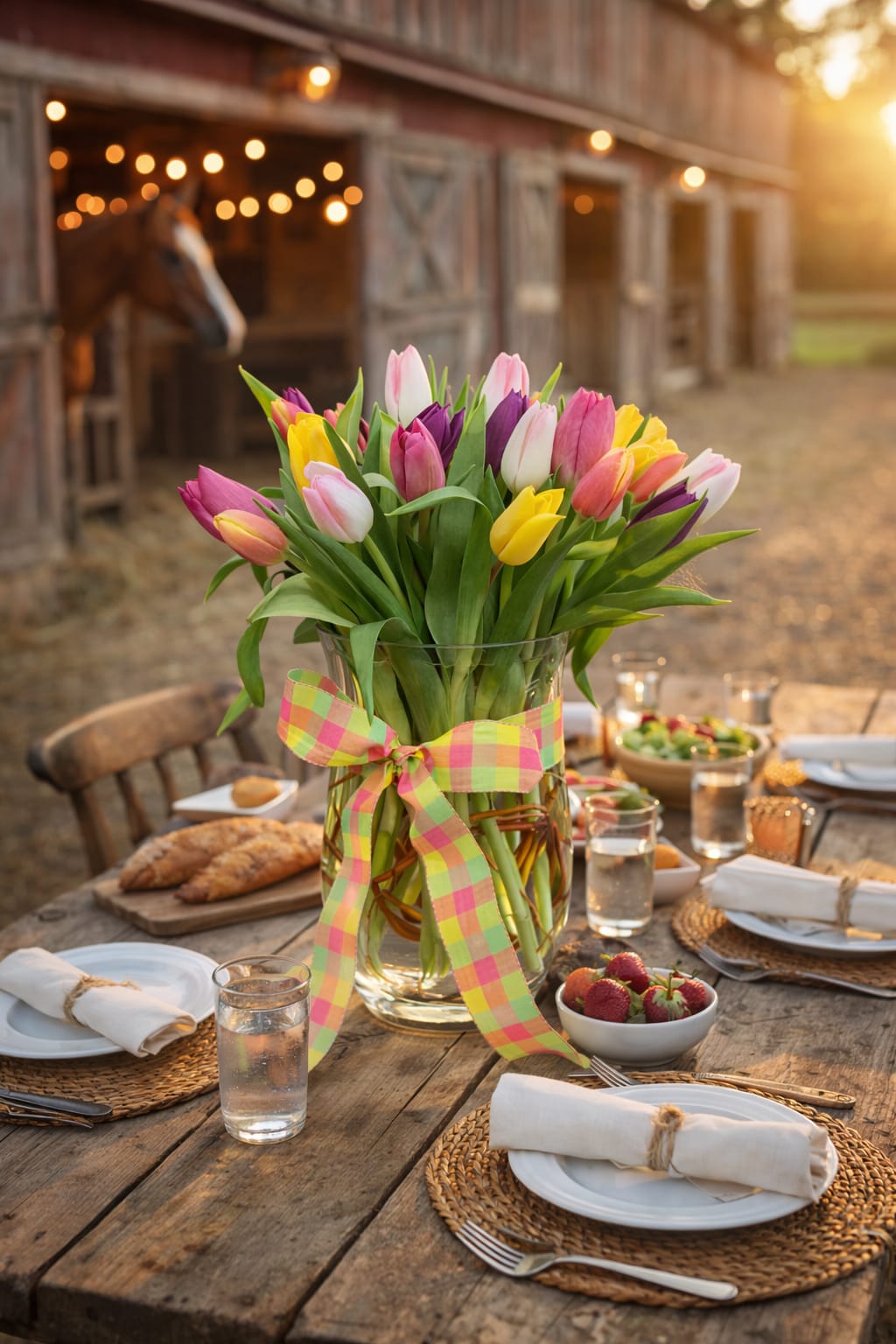 Fresh Tulip Vase - 2 dozen mixed color fresh tulips in a clear vase with a spring ribbon