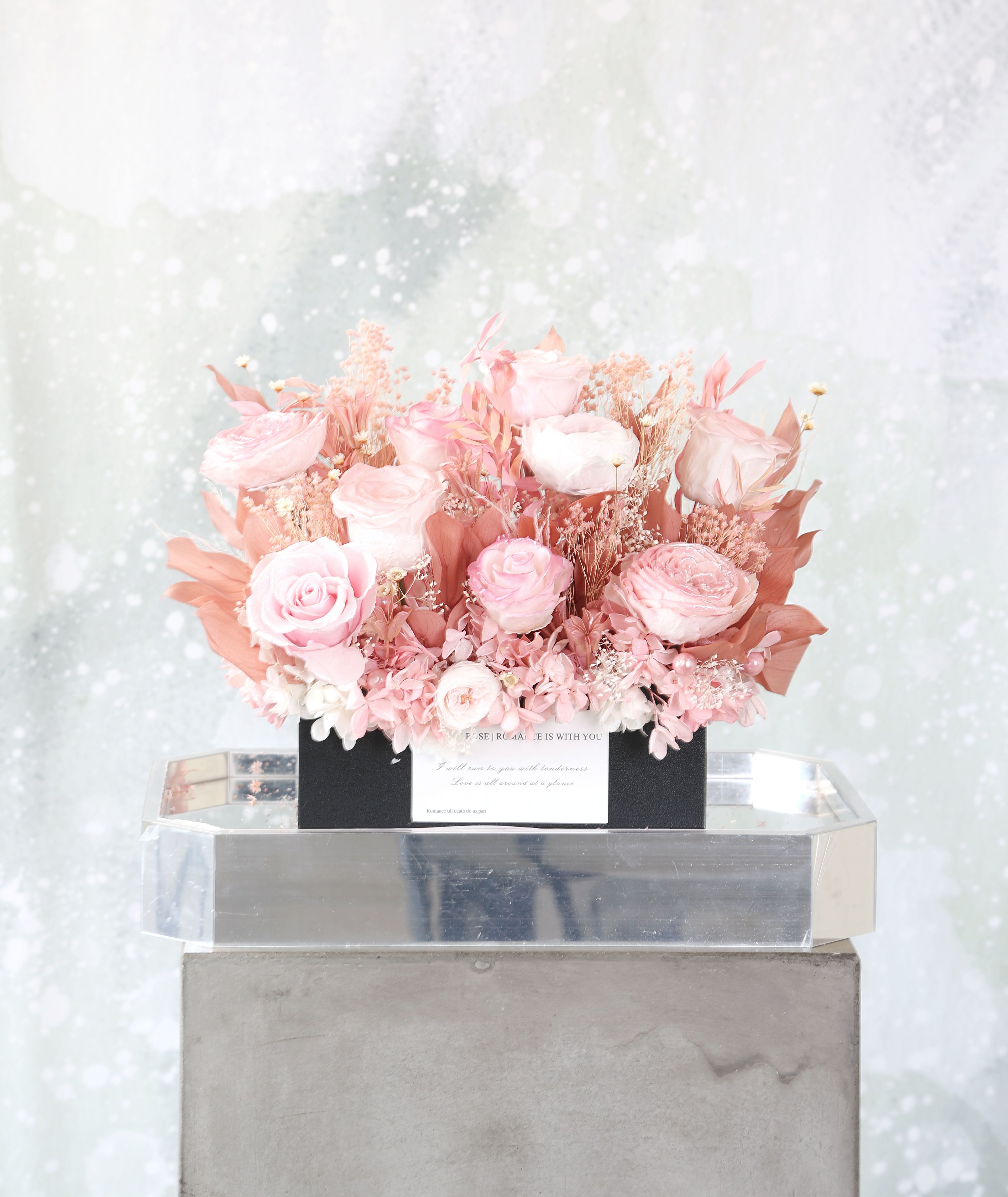 Preserved Pink Rose garden - Long Lasting Luxury Preserve Flower arrangement, it create in different kind of preserve garden rose in pink and blush color way with hydrangea and other preserve blooms. This arrangement can last 1-5 years and above. Avoid place the arrangement under direct sun and handle gently since the flower very delicate. This arrangement come with 14' x 9" x12' clear Acrylic gift box for protection, 