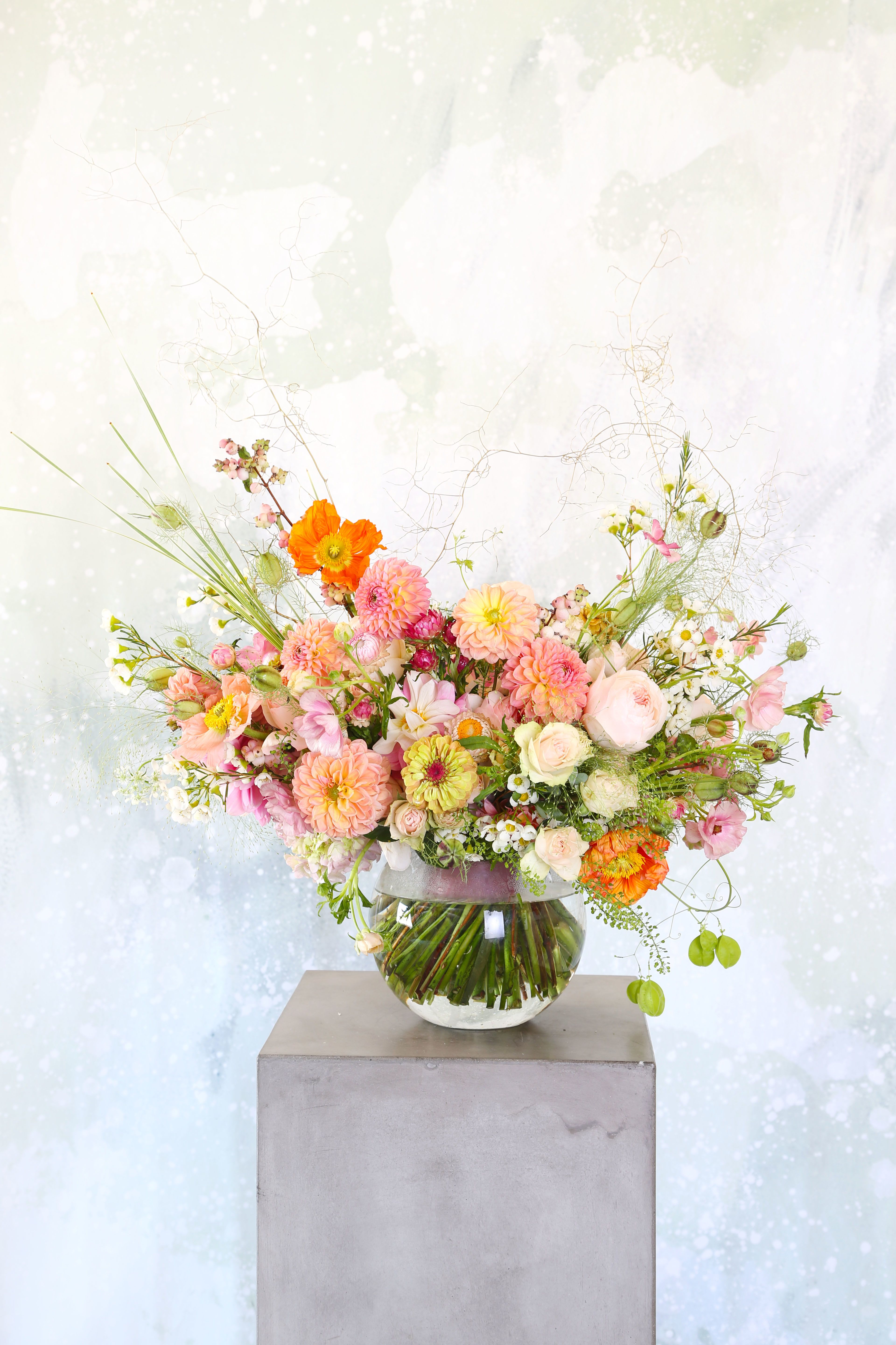 Lucky Charm - A Peach , blush , pink color palette arrange with Luxury Garden Rose,  dahlia, ranunculus, hydrangeas and seasonal bloom to bring out a cheerful elegance handtie bouquet. This arrangement finished with ribbon tie and come with Gift box with 8" round vase.