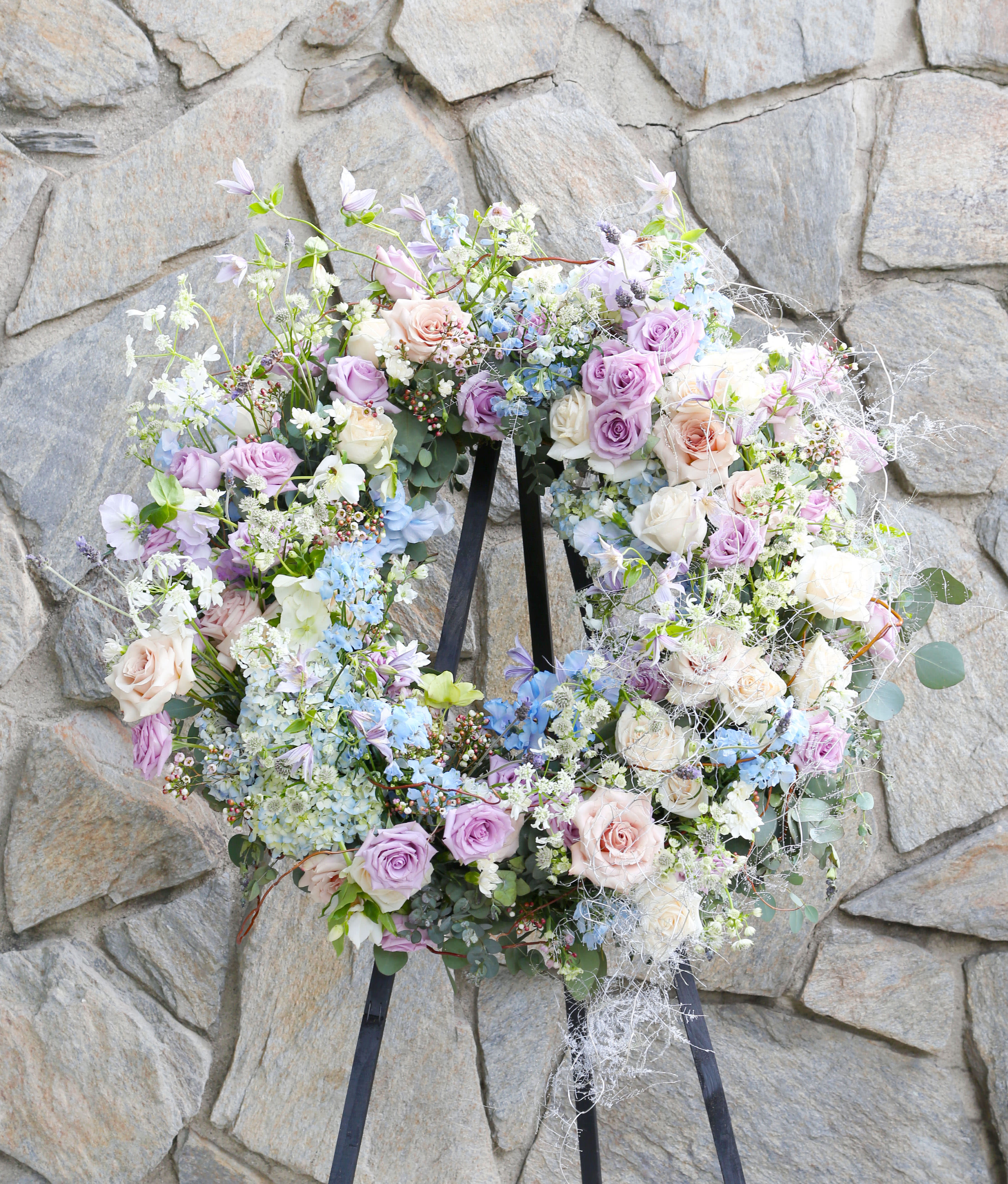 28" floral sympathy Wreath - We can work on any color combination with our signature organic delicate and elegant luxury arrangement to achieve unique and high end look to set apart from the traditional sympathy arrangement n the market 