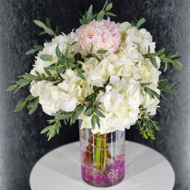 Hydrangea, Peony &amp; Eucalyptus Vase - Elegant Hydrangea &amp; Peony Flower Arrangement with Eucalyptus in Clear Glass Vase  Bring timeless beauty into any space with our professionally hand-arranged bouquet featuring lush hydrangeas, romantic peonies, and fragrant eucalyptus greenery. Artfully presented in a sleek, clear glass cylinder vase, this floral arrangement adds a fresh, natural touch to home décor, gifts, or special occasions.  Standard size: approximately 7 inches wide x 13 inches high. Deluxe and Premium sizes: feature additional blooms for a fuller, more luxurious display.  Perfect for birthdays, anniversaries, thank-you gifts, or elegant centerpieces. Order your hydrangea and peony flower arrangement today for fast delivery!  • Standard - 1 Pink Peony, 3 White Hydrangeas and Eucalyptus | 4" (W) Cylinder Vase  • Deluxe - 3 Pink Peony, 4 White Hydrangeas and Eucalyptus | 4" (W) Cylinder Vase  • Premium - 6 Pink Peony, 5 White Hydrangeas and Eucalyptus | 6" (W) Cylinder Vase  Please Note: Peony color / shade may vary as we select only the freshest imported varieties available on the day of your delivery.