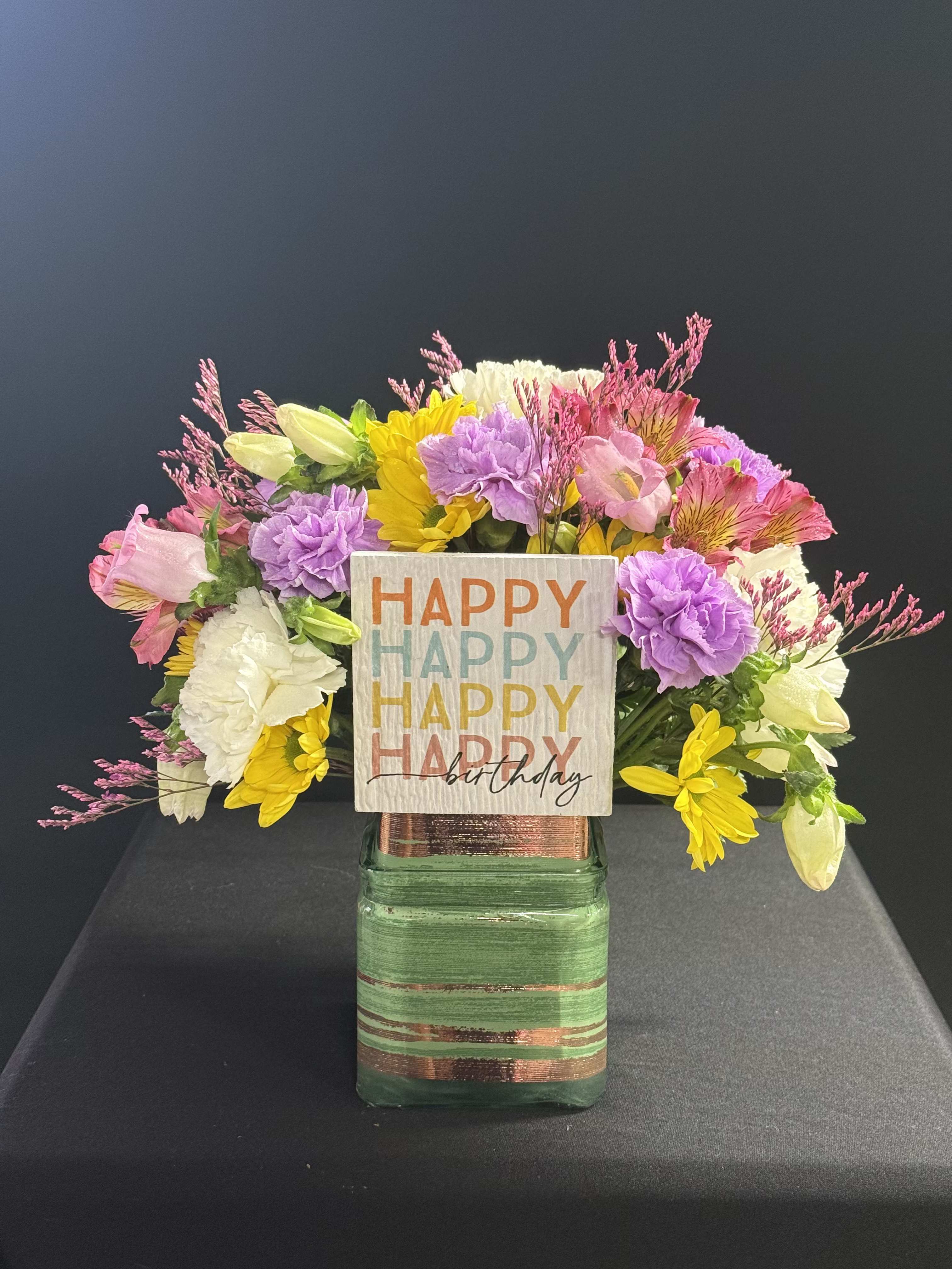 Happy Birthday Bokay - A bright and colorful arrangement, with a happy birthday plant pick.