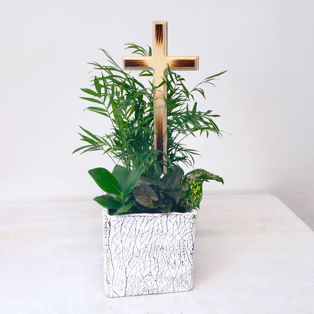 Planter with Cedar Cross - Beautiful cement planter with large 15" hand-crafted cedar cross. A wonderful keepsake piece that is perfect for home or the service. 