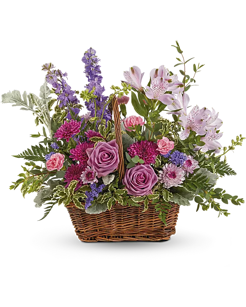 Lavender Meadow Basket - This lush lavender rose arrangement is a basket of beauty to brighten any day!
