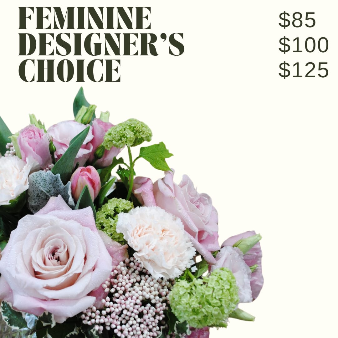 Feminine Designer's Choice  - Allow our designers to choose our freshest blushy blooms! Arranged in a clear glass vase. Flower types and color will vary!  *IMAGE SHOWN IS AN EXAMPLE AND WILL NOT BE REPLICATED*