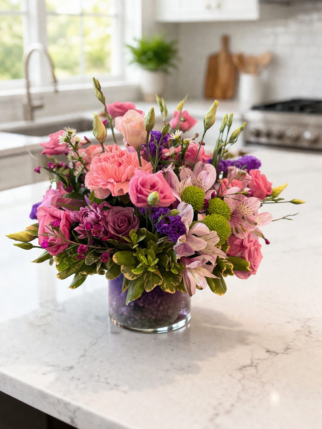 Elizabeth Street Petals - A rounded bouquet of pink carnations, lisianthus, and roses with lavender stock and bright green button chrysanthemums creates a cheerful, uplifting focal point-perfect as a birthday bouquet, Mother's Day arrangement, or a get-well gift to make someone feel truly celebrated. Pale pink alstroemeria and small white aster-like blooms add delicate contrast and texture, all gathered in a clear glass cylinder vase with purple decorative stones that echo the blossoms' tones. This compact design brightens a kitchen counter or bedside table and arrives ready to display-just add fresh water to the vase to keep the flowers looking their best.