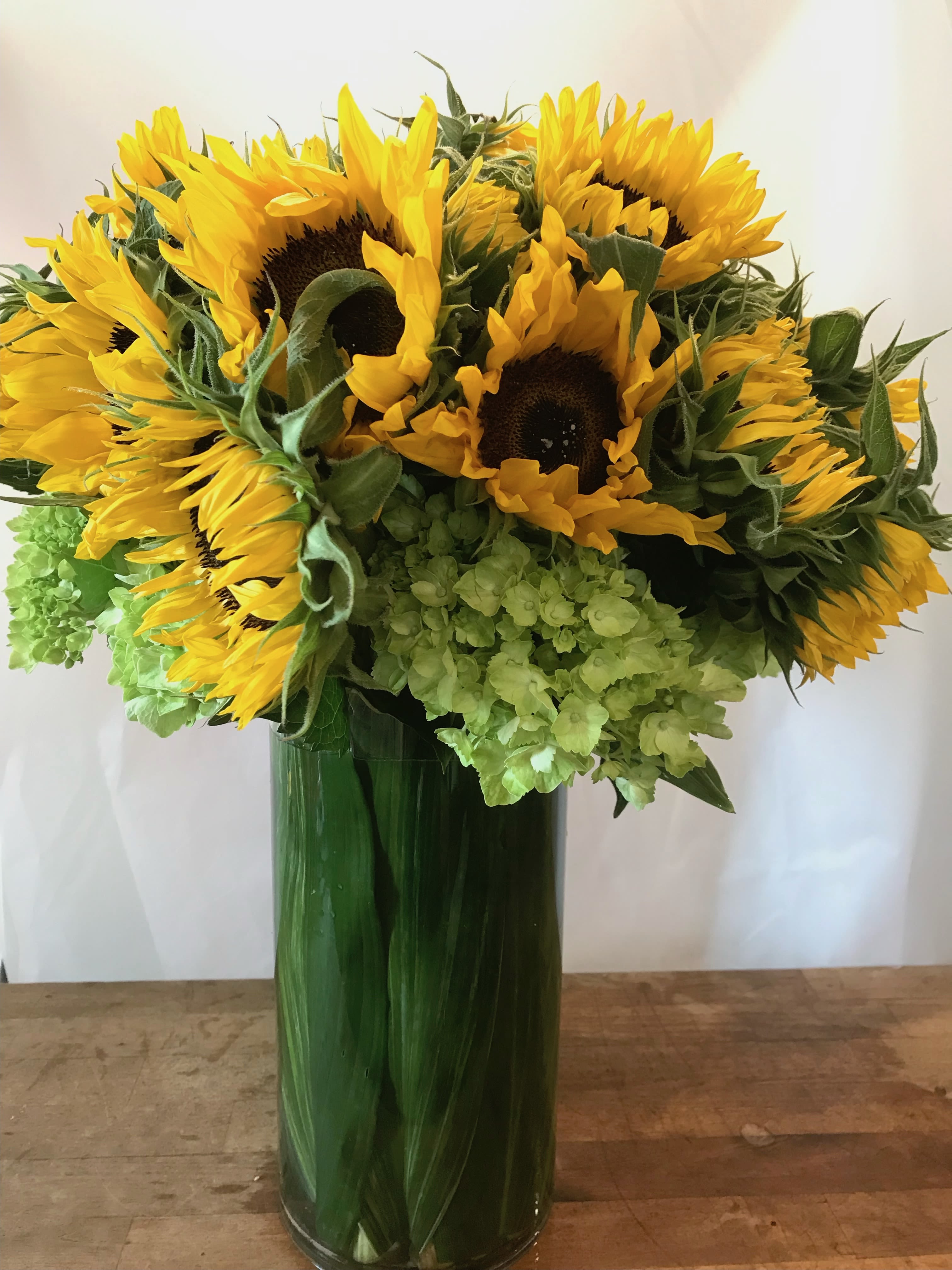 Mostly Sunflowers - Sunflowers and green hydrangea in a tall vase.