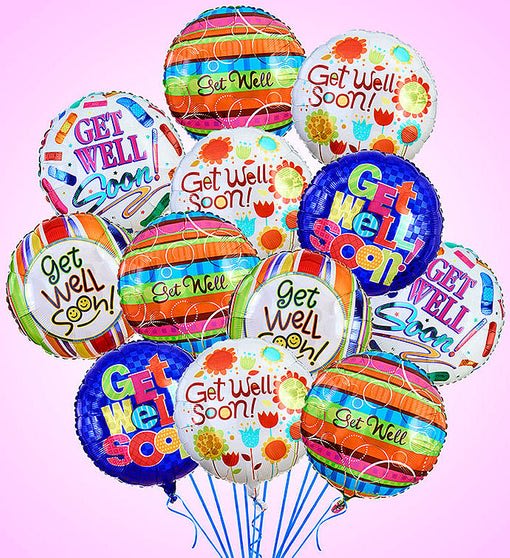 Cluster of colorful get well soon balloons on a pink background
